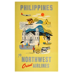 Poster originale d'epoca Filippine Northwest Orient Airlines Asia Travel Art