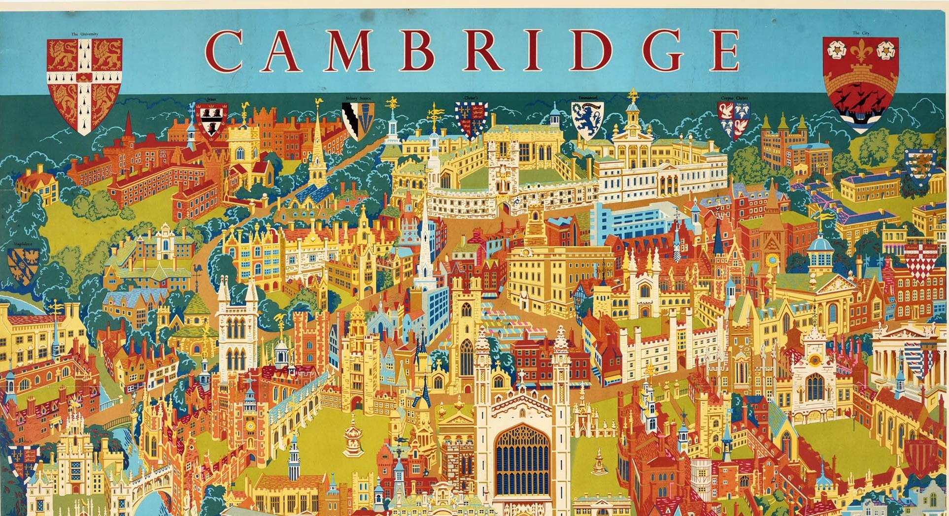 Original vintage pictorial travel map poster for Cambridge published by British Railways Eastern Region featuring a fantastic colorful illustration by the British artist, illustrator and poster designer who specialized in pictorial maps Kerry Lee