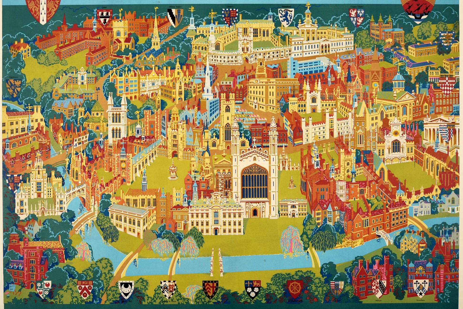 Affiche vintage d'origine, carte picturale des chemins de fer britanniques, Cambridge University City Bon état - En vente à London, GB
