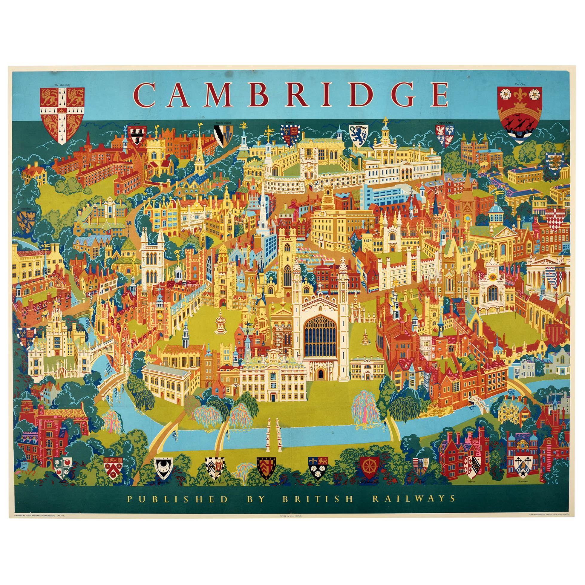 Affiche vintage d'origine, carte picturale des chemins de fer britanniques, Cambridge University City en vente