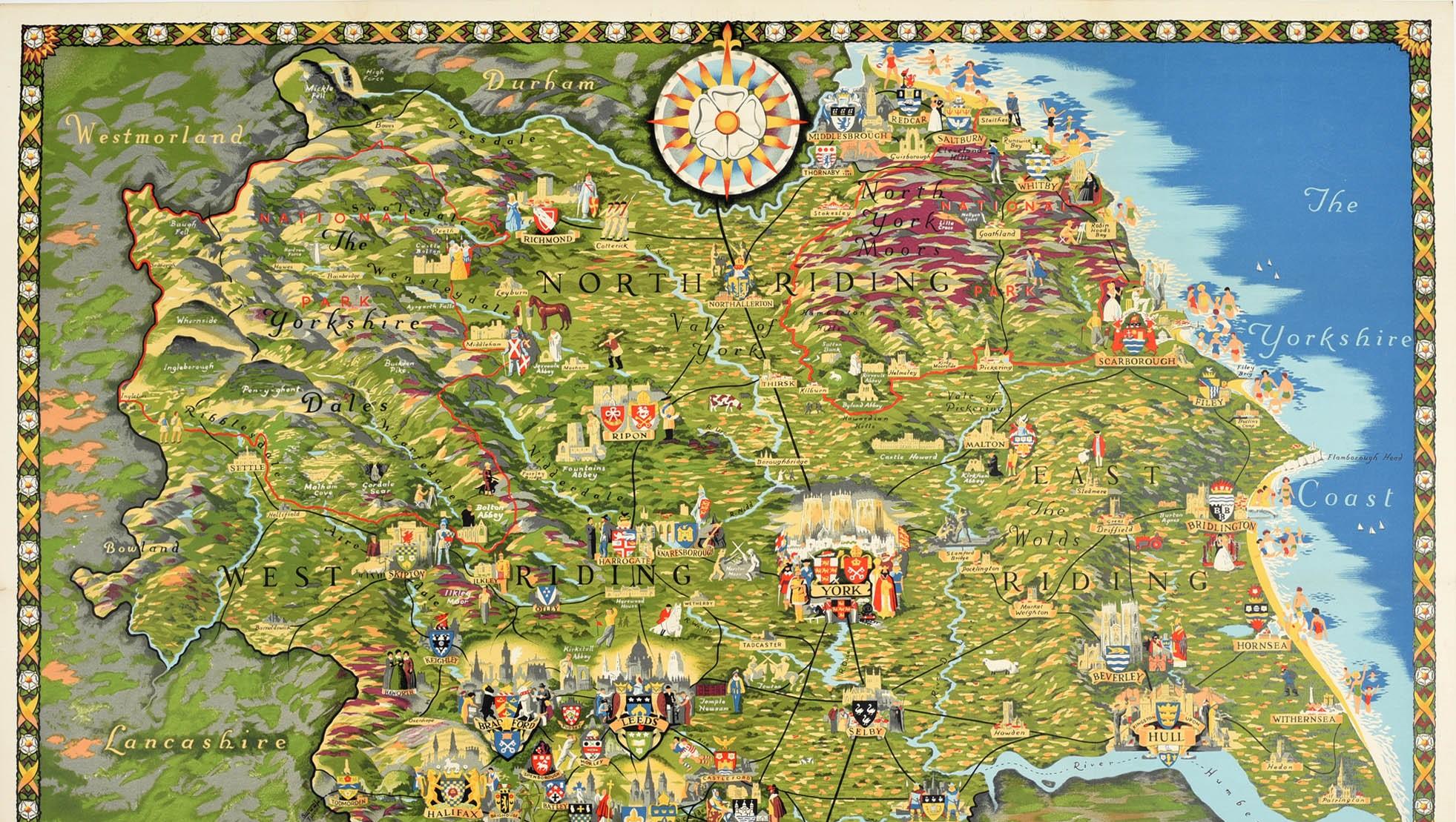 Originelles Zugreiseposter - Pictorial Map of Yorkshire von British Railways - mit einer farbenfrohen und detaillierten illustrierten Karte der historischen Grafschaft Yorkshire in Nordengland mit den Wappen der verschiedenen Städte, darunter York,
