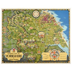 Affiche rétro originale, Carte picturale d'une carte du Yorkshire des chemins de fer britanniques, Voyage en train