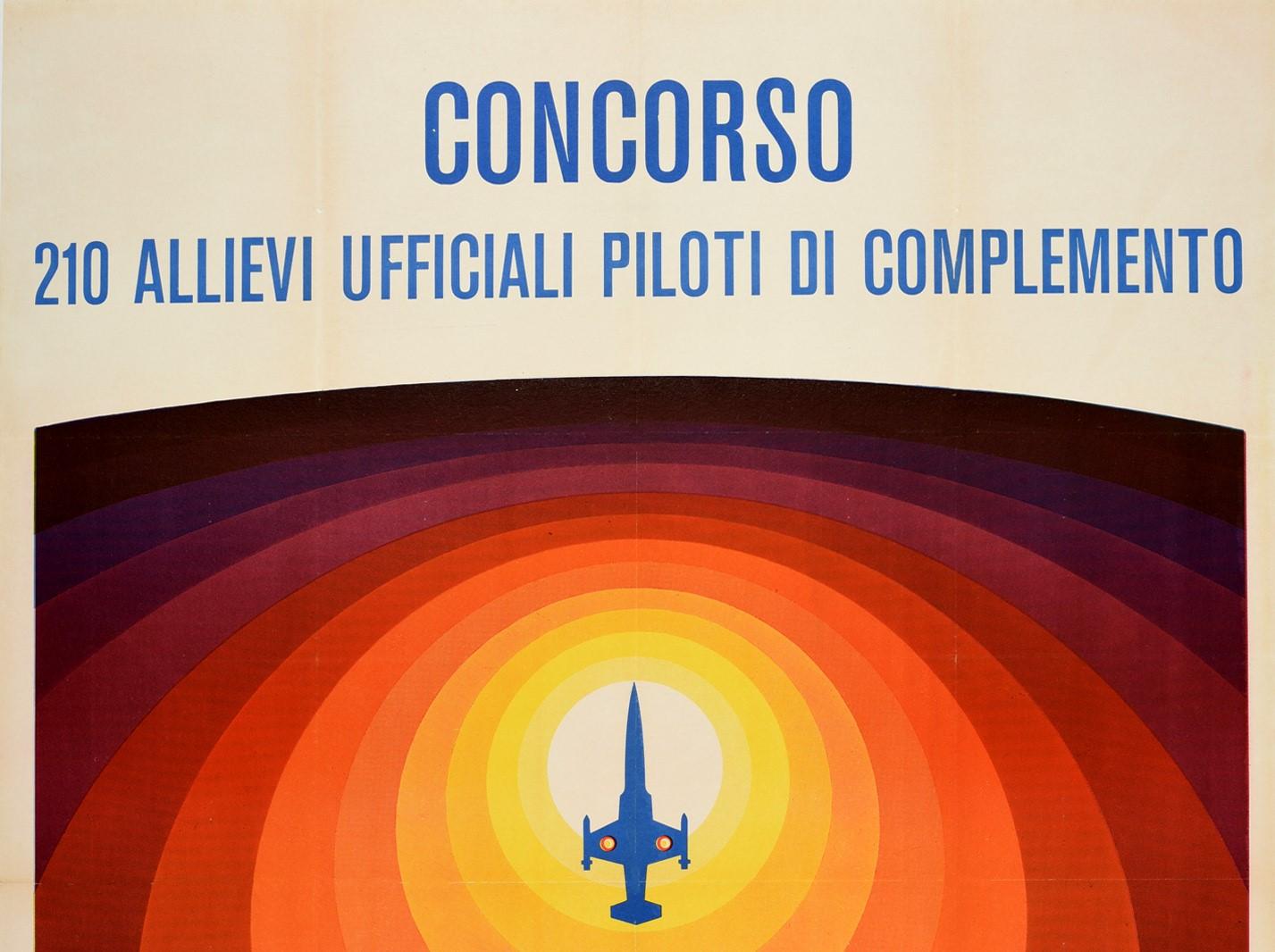 Original vintage poster for the Competition 210 Student Officers Supplementary Pilots / Concorso 210 Allievi Ufficiali Piloti Di Complemento featuring a great graphic design depicting a fighter jet plane in the centre of colourful lines radiating