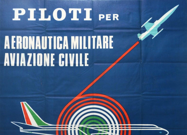 Original vintage recruitment poster for the Italian Air Force and for civil aviation - Piloti per Aeronautica Aviazione Civile - featuring a great graphic design showing a white outline of a commercial passenger jet plane flying in front of a bull's