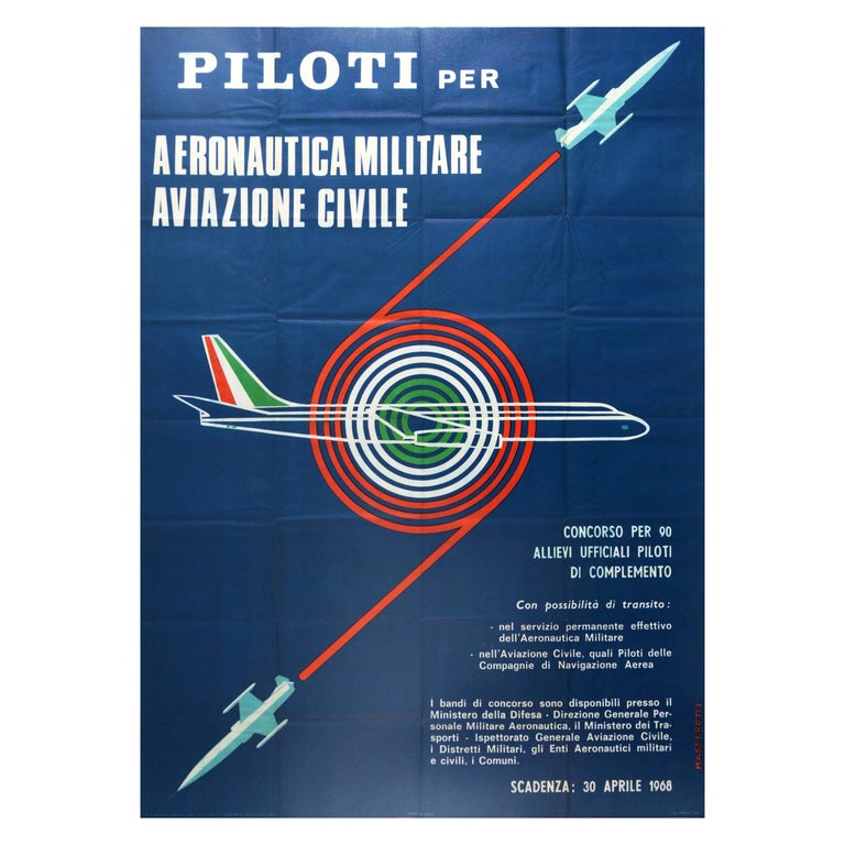 Original Vintage Poster Pilot Recruitment Civil Aviation Italy Air Force Piloti For Sale