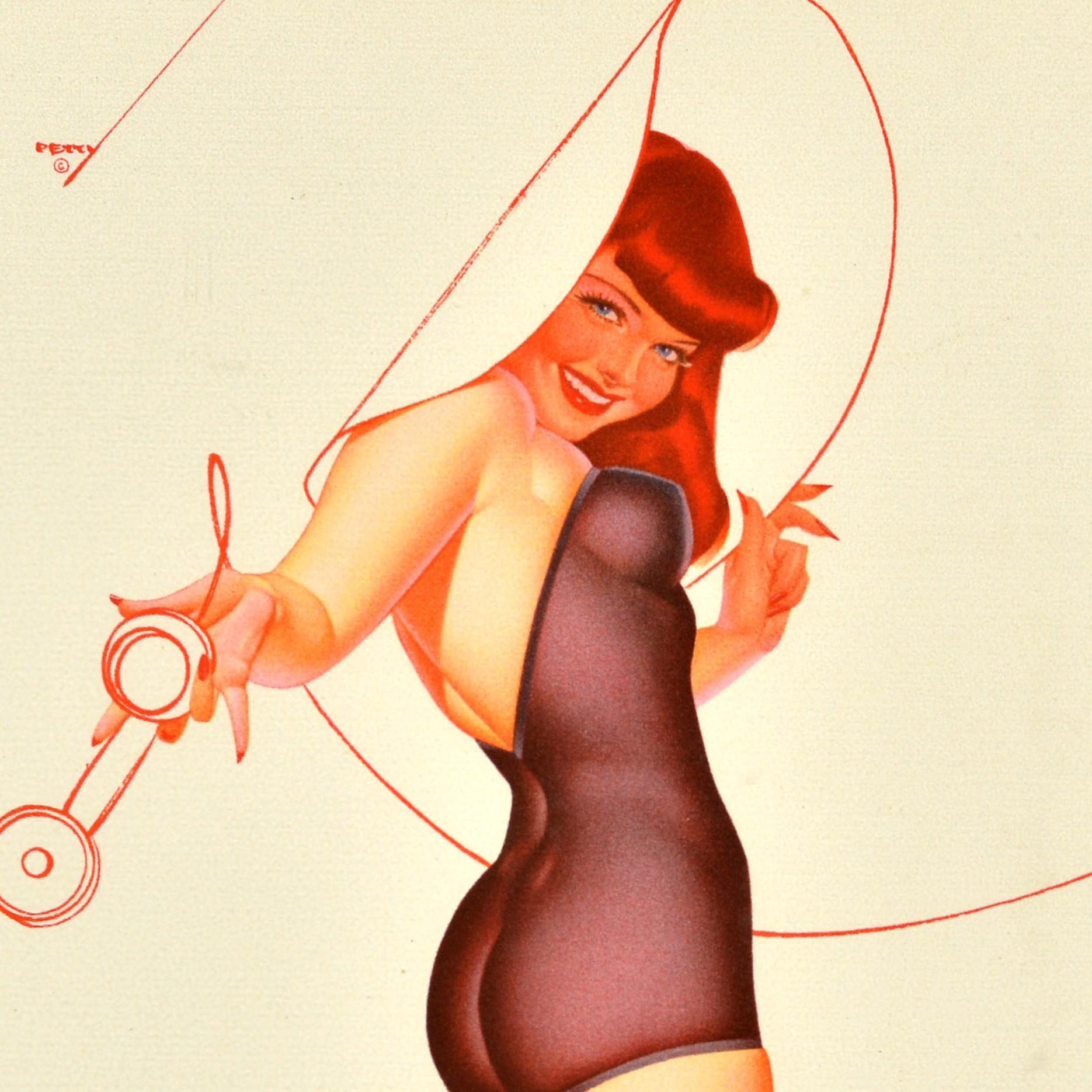 Original-Plakat im Vintage-Stil mit einer Illustration des bekannten amerikanischen Pin-up-Künstlers George Brown Petty IV (1894-1975), die eine Dame im Ganzkörperanzug zeigt, die in einer Hand die Skizze eines Telefons und in der anderen Hand den