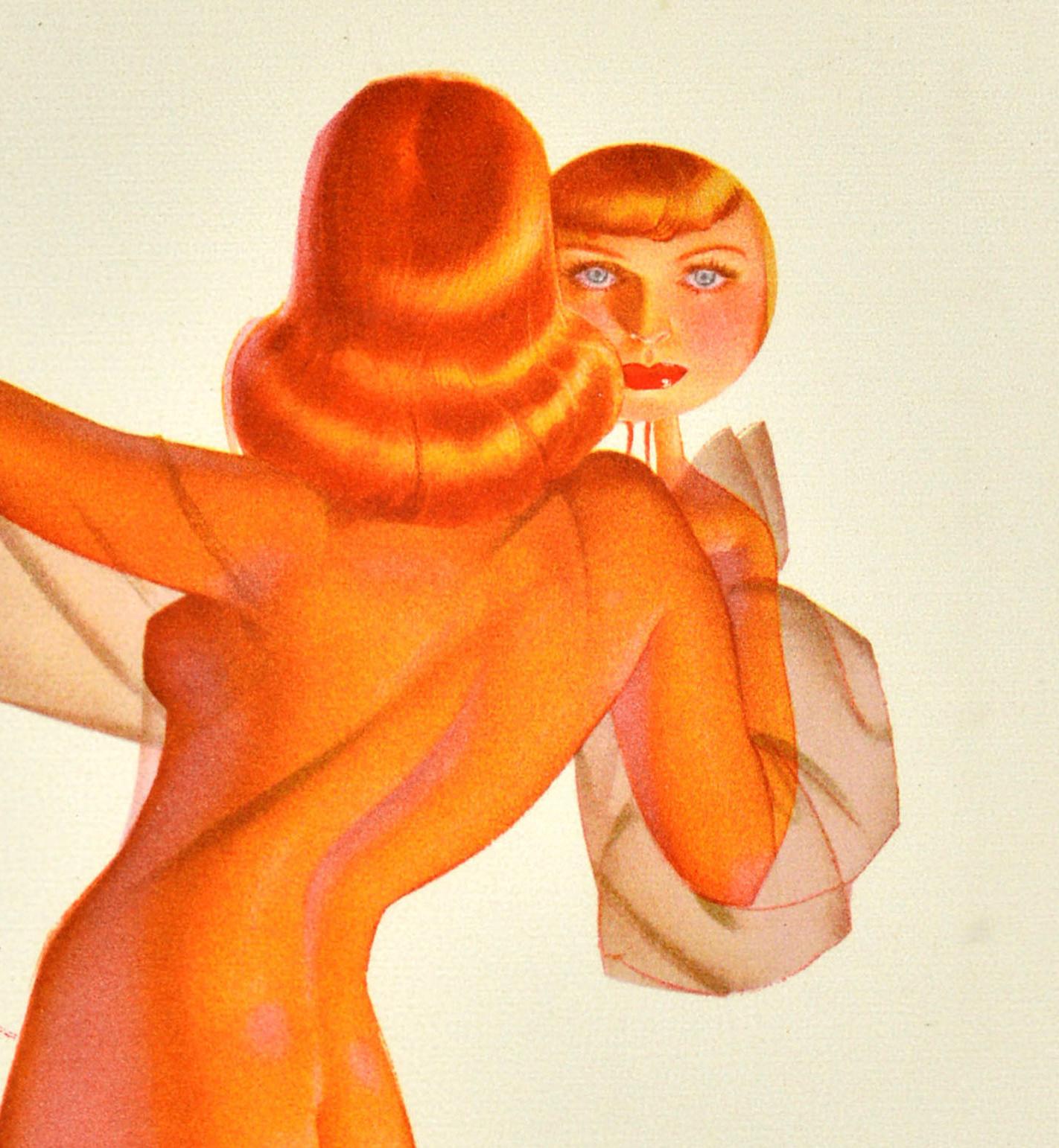 Affiche originale d'époque représentant une illustration du célèbre artiste américain de pin-up George Brown Petty IV (1894-1975) représentant une femme en robe transparente tenant un croquis de téléphone dans sa main gauche tendue et regardant le