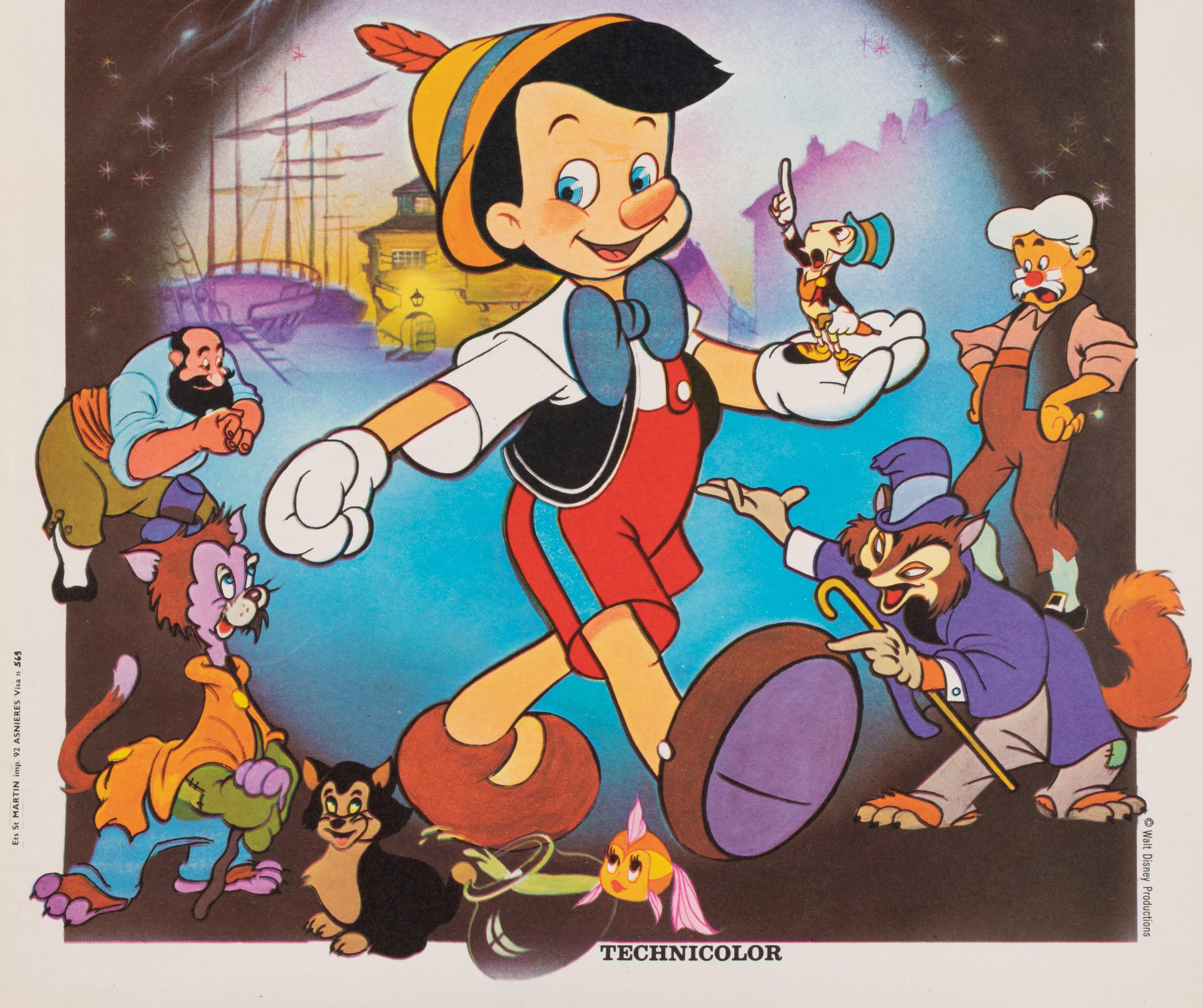 Mid-Century Modern Affiche vintage originale, Pinocchio, Walt Disney, Cartoon, Children, Fairy, 1980 en vente