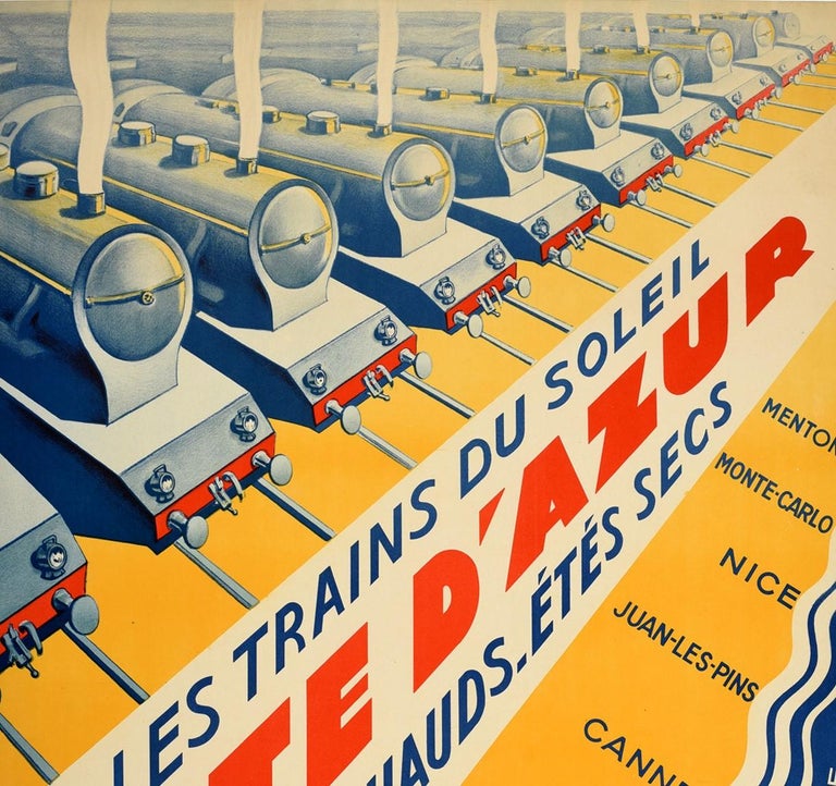 Original vintage travel poster for Les Trains du Soleil Cote d'Azur Hivers Chauds Etes Secs / Trains of the Sun French Riviera Hot Winters Dry Summers featuring a stunning Art Deco design depicting a row of steam trains lined up at the end of the