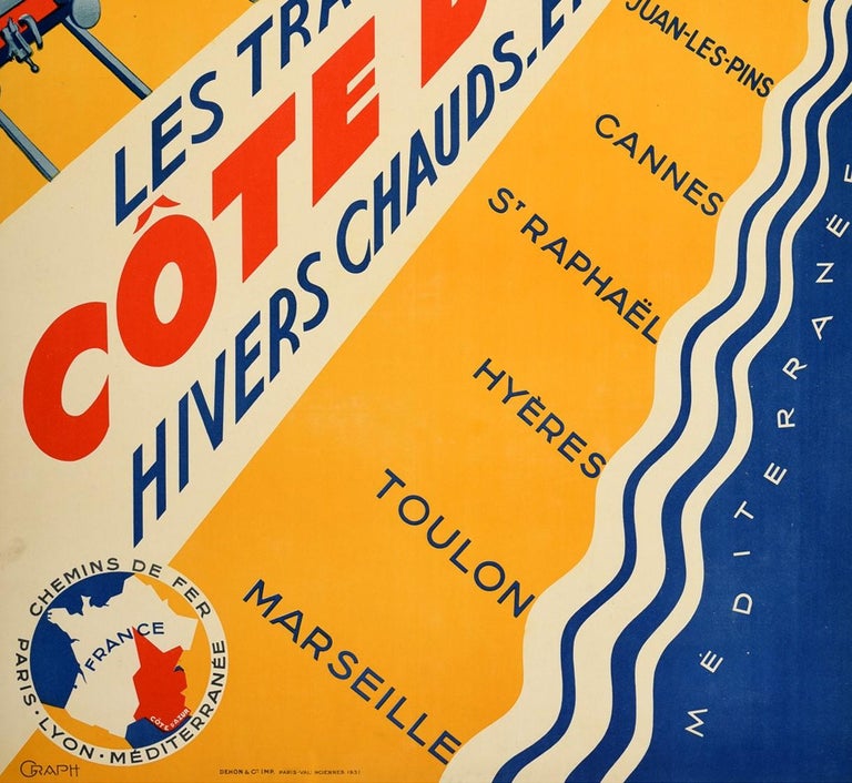 Original Vintage Poster PLM Railway Cote d'Azur French Riviera Art Deco Trains In Good Condition For Sale In London, GB