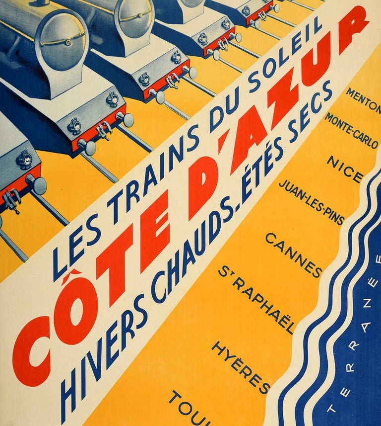 Mid-20th Century Original Vintage Poster PLM Railway Cote d'Azur French Riviera Art Deco Trains For Sale