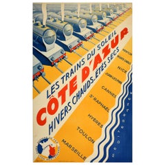 Affiche vintage d'origine, Chemin de fer PLM Côte d'Azur, Riviera française, trains Art déco