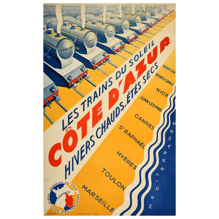 Original Vintage Poster PLM Railway Cote d'Azur French Riviera Art Deco Trains For Sale