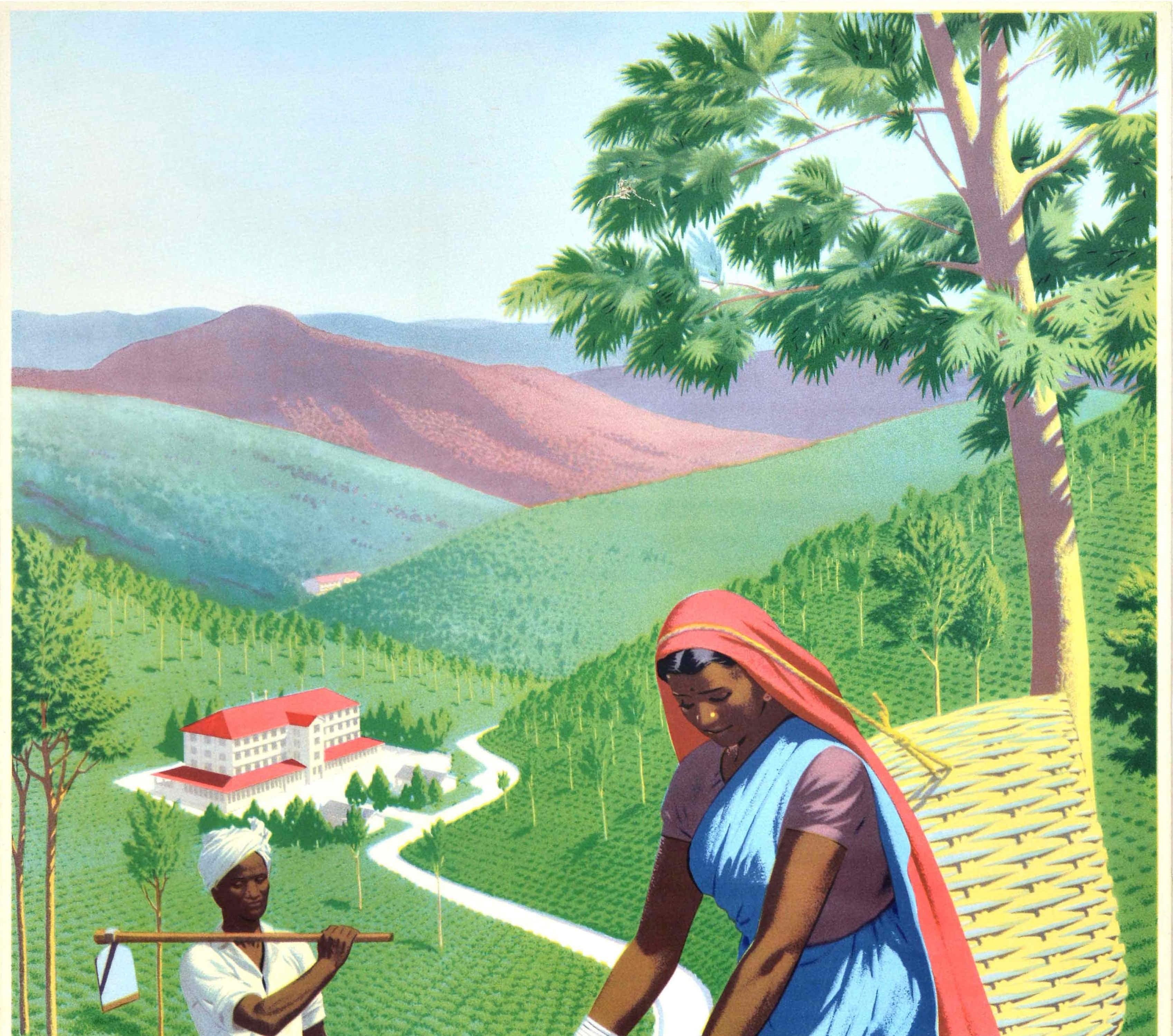 Affiche originale d'époque - Plucking Tea in Ceylon (Sri Lanka) - émise par le Tea Bureau, comportant une illustration agricole d'une dame en vêtements bleus et rouges cueillant des feuilles de thé et portant un panier sur la tête avec un autre