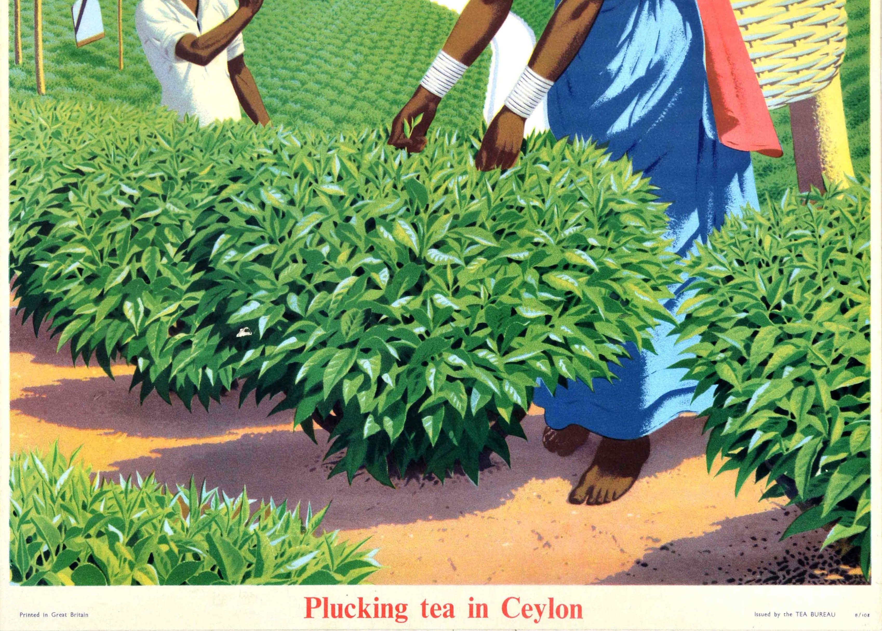 Britannique Affiche rétro originale, Théière s'écoulant dans une plantation de Ceylan, Sri Lanka, Bureau du thé en vente