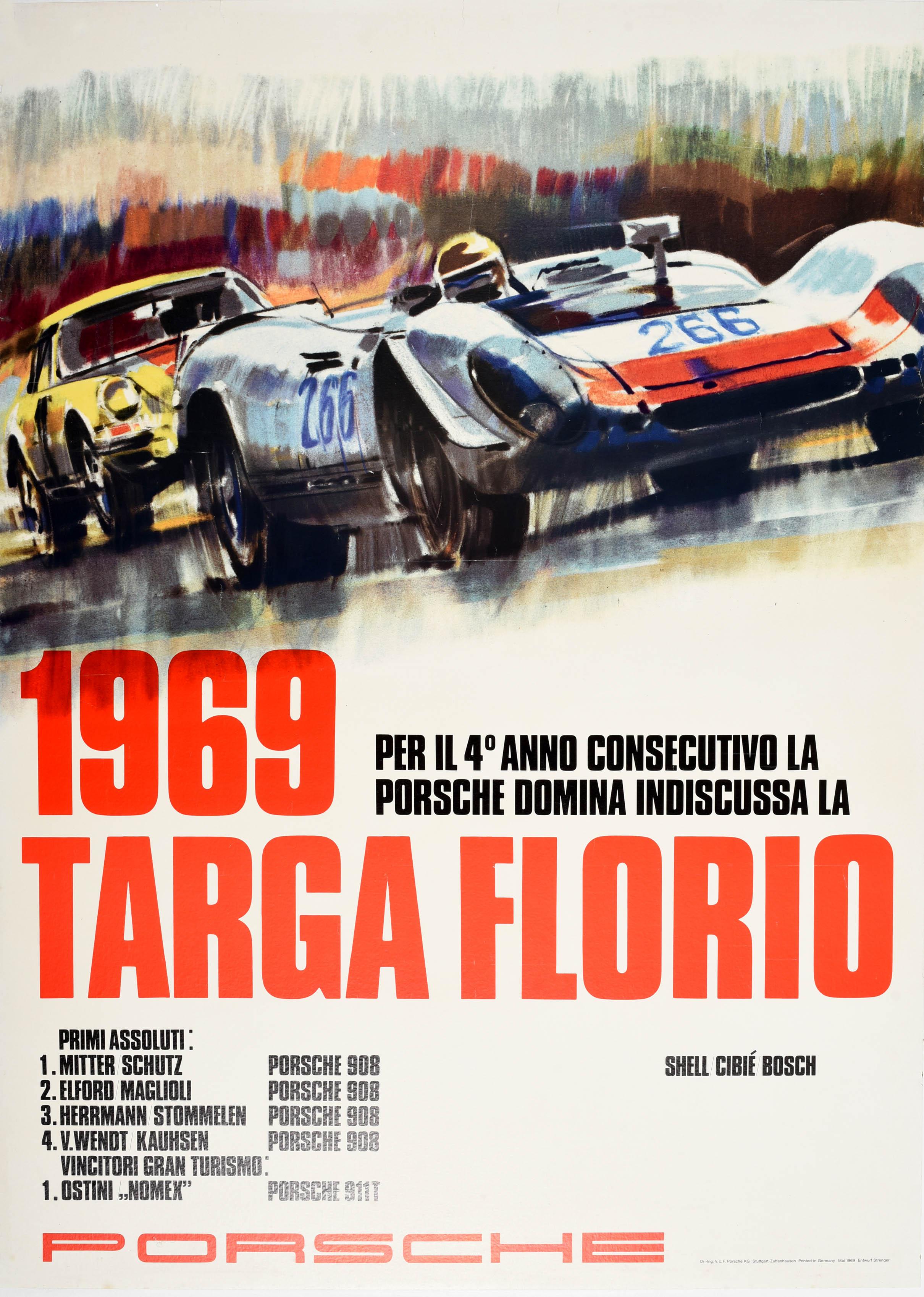 Original vintage motorsport poster issued by Porsche celebrating their victory at the 1969 Targa Florio featuring colourful auto racing artwork depicting cars driving at speed on a track led by a race car numbered 266 above the bold red title