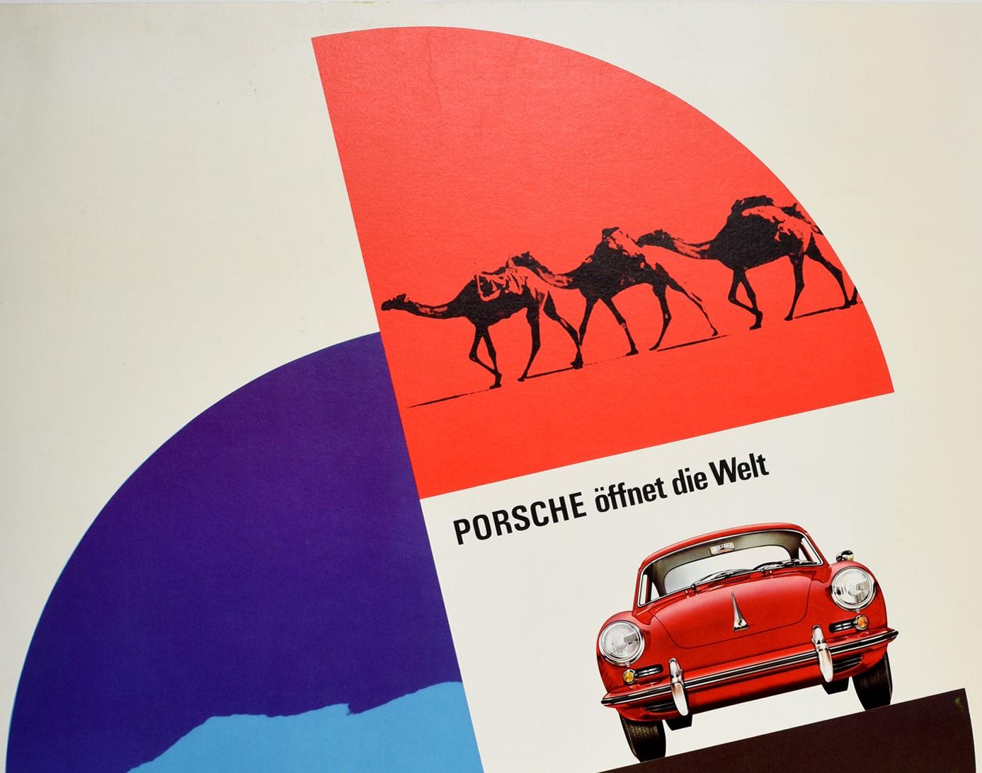Originales, seltenes, frühes Oldtimer-Werbeplakat für Porsche - Offnet die Welt - mit einem kühnen grafischen Entwurf von Hanns Lohrer (1912-1995), der in den 1950er- und 1960er-Jahren weltweit an der visuellen Identität der Marke Porsche arbeitete.