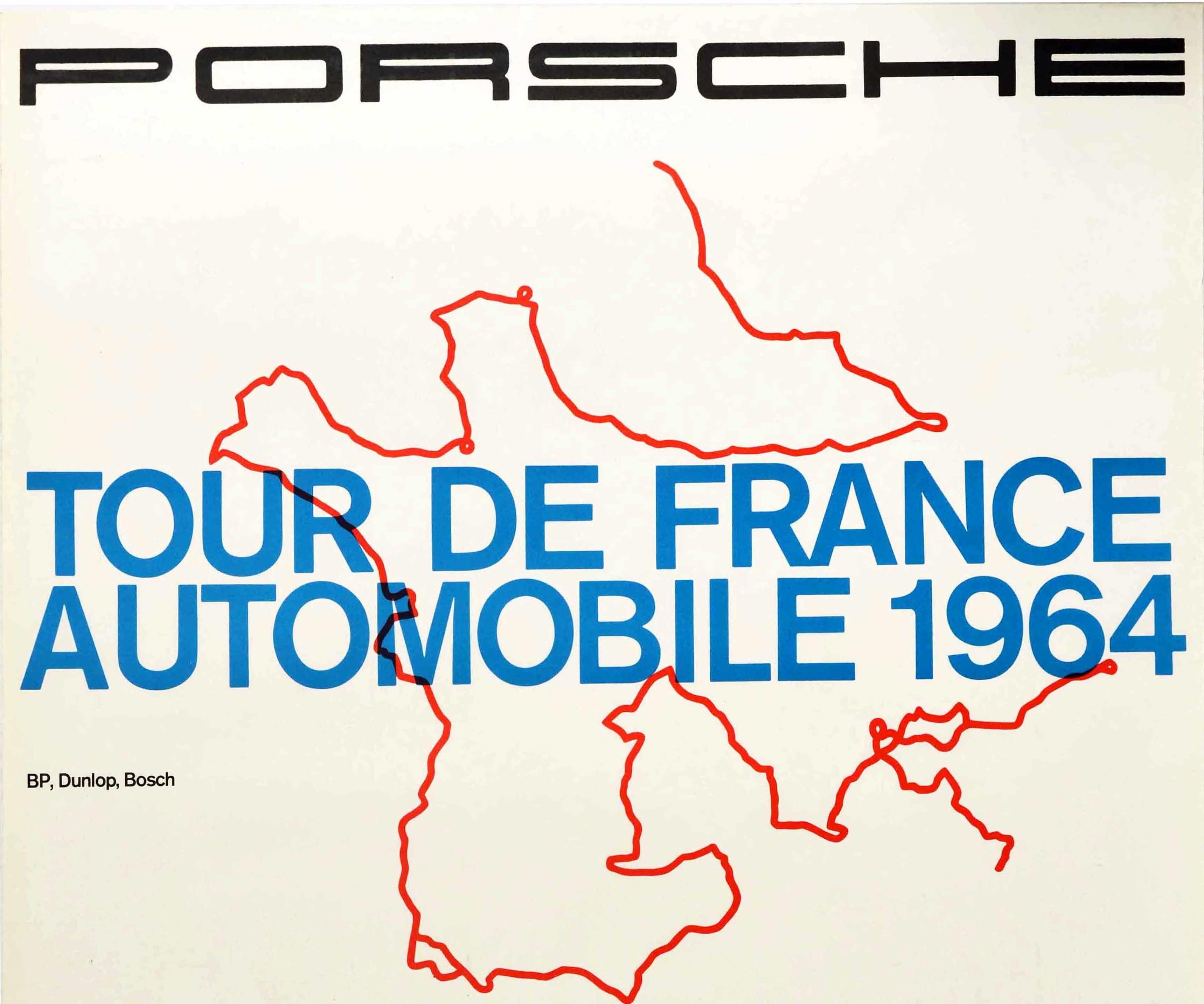 Original vintage motorsport poster for Porsche - Tour de France Automobile 1964 - featuring a black and white image of a Porsche 904 car numbered 44 below a red route map behind the bold blue lettering with the rest of the text in black, including