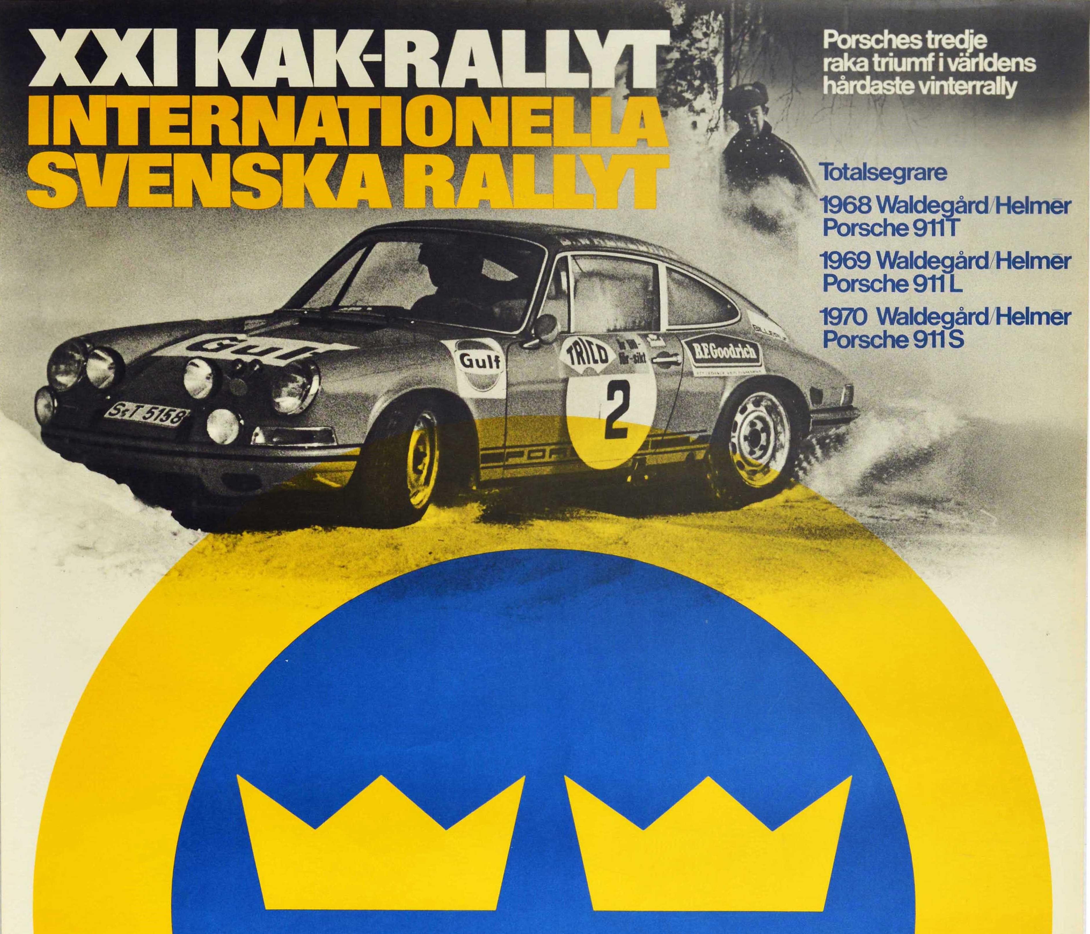 Original vintage motorsport poster for Porsche KAK-Rallyt Internationella Svenska Rallyt / International Swedish Rally featuring a black and white photograph of a Porsche 911 car skidding around a corner at speed with a bold yellow and blue crown