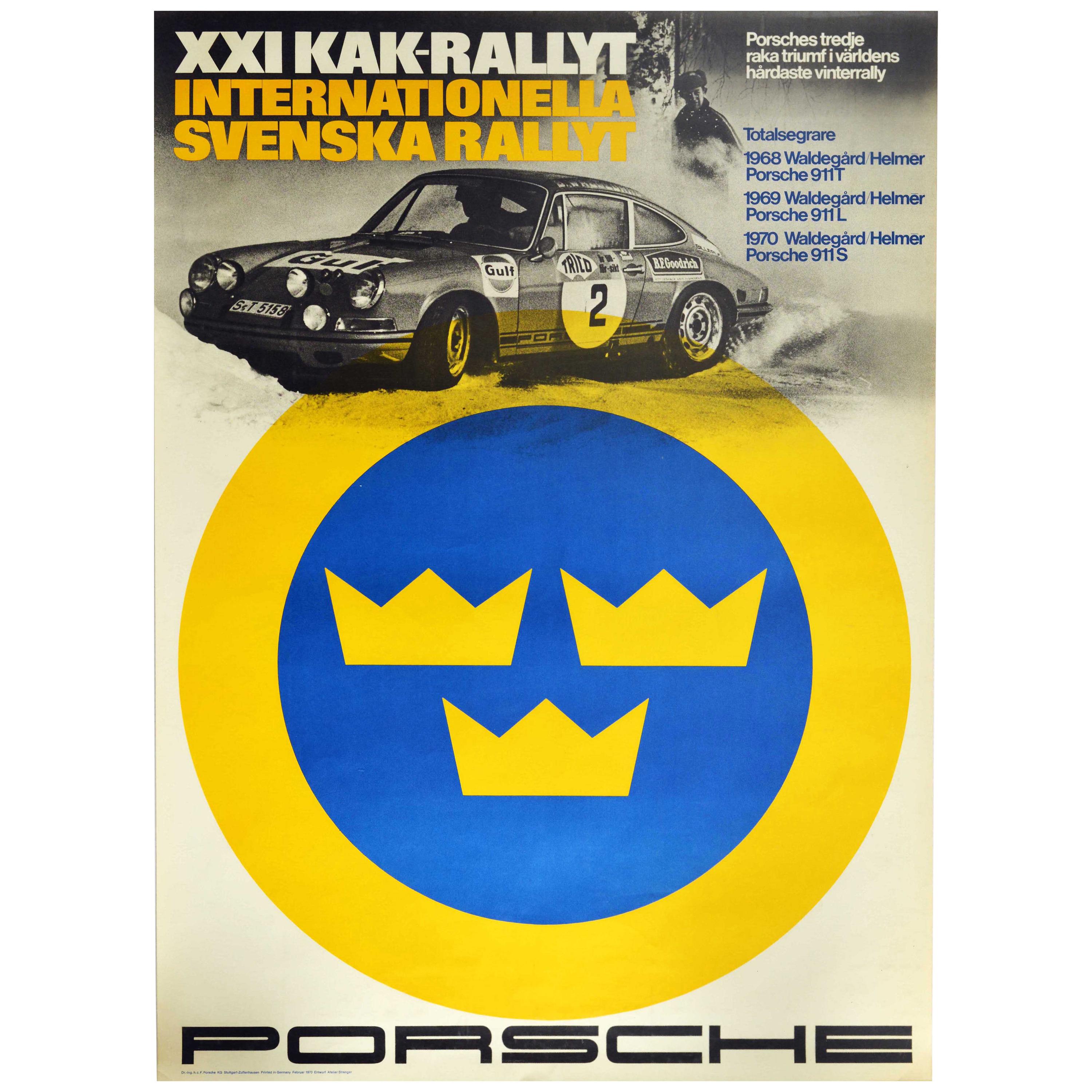 Original Vintage Poster Porsche 911 Svenska Rallyt Swedish Rally Auto Racing Car