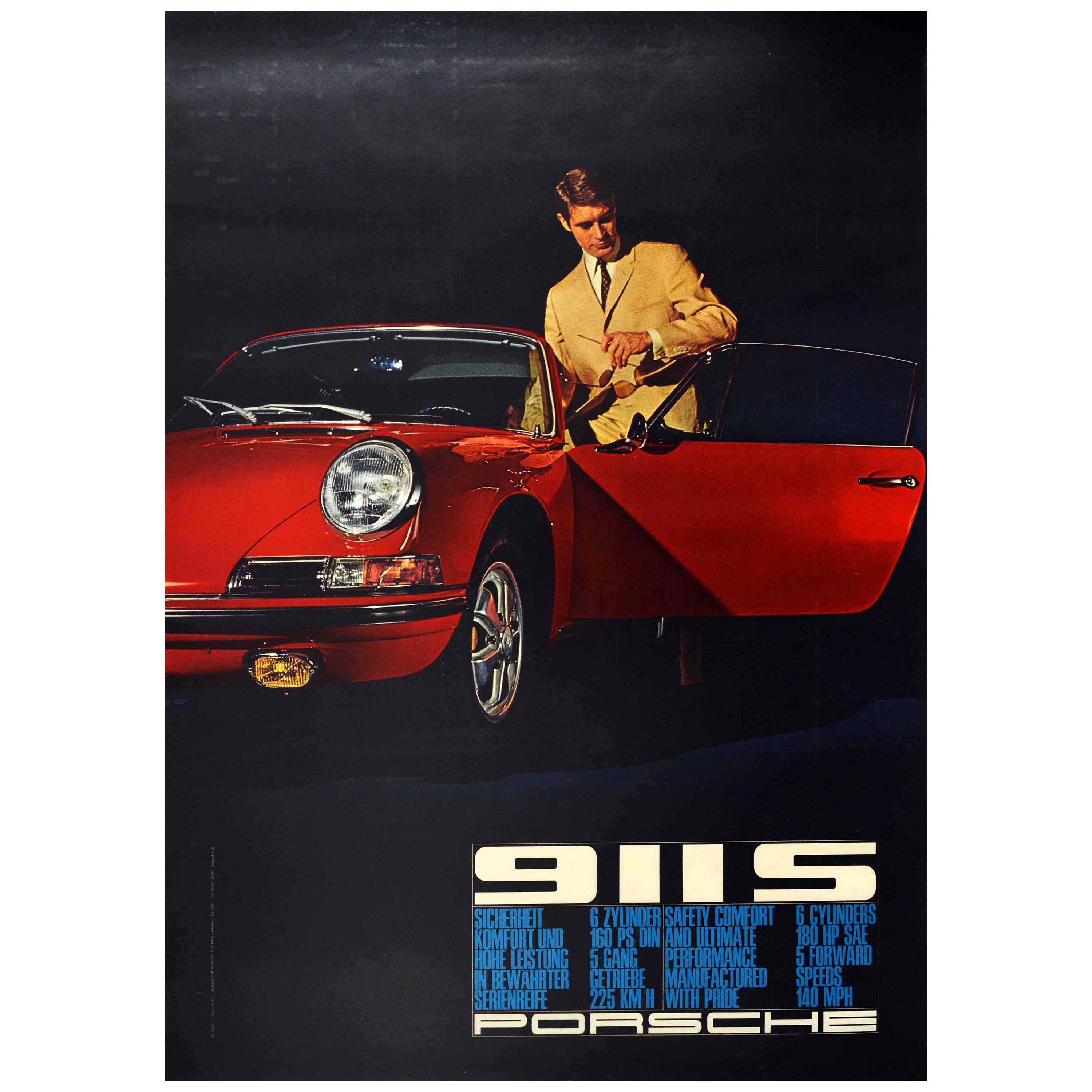 Original Vintage Poster Porsche 911S Safety Comfort Performance Pride Sports Car