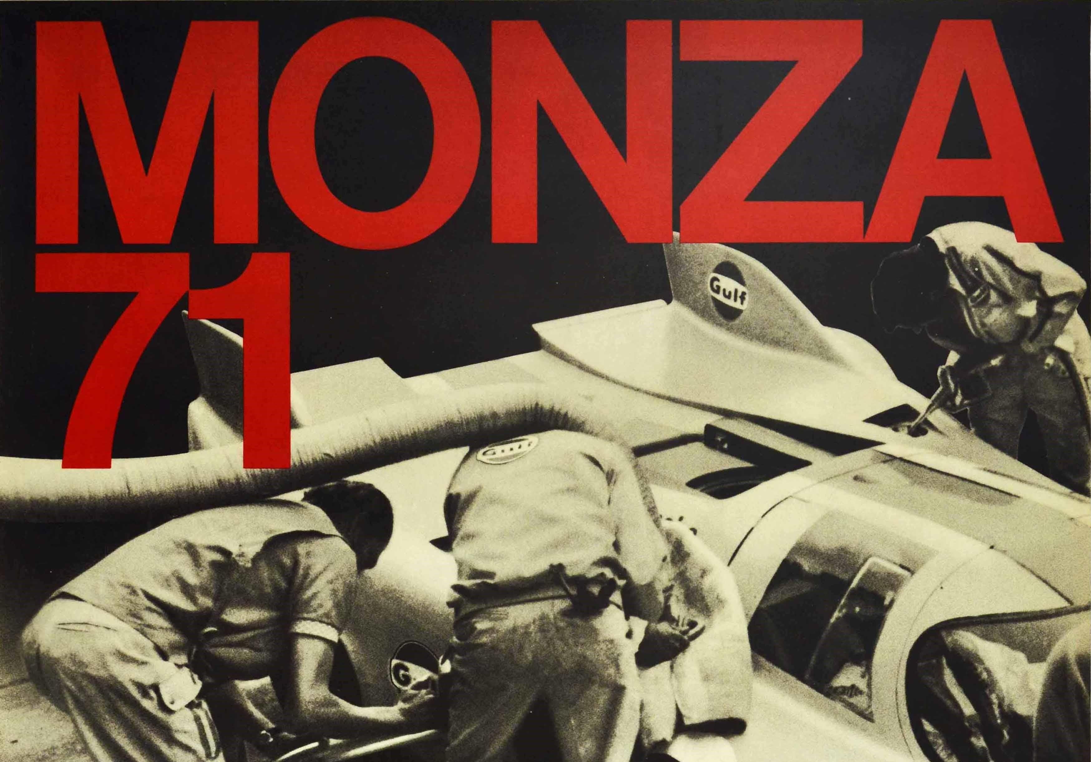 Original vintage motorsport poster celebrating Porsche as the 1000km Monza circuit winner of the Filippo Caracciolo trophy in Italy on 25 April 1971 - Monza 71 1000 Chilometri di Monza Italia Trofeo Filippo Caracciolo - featuring a black and white