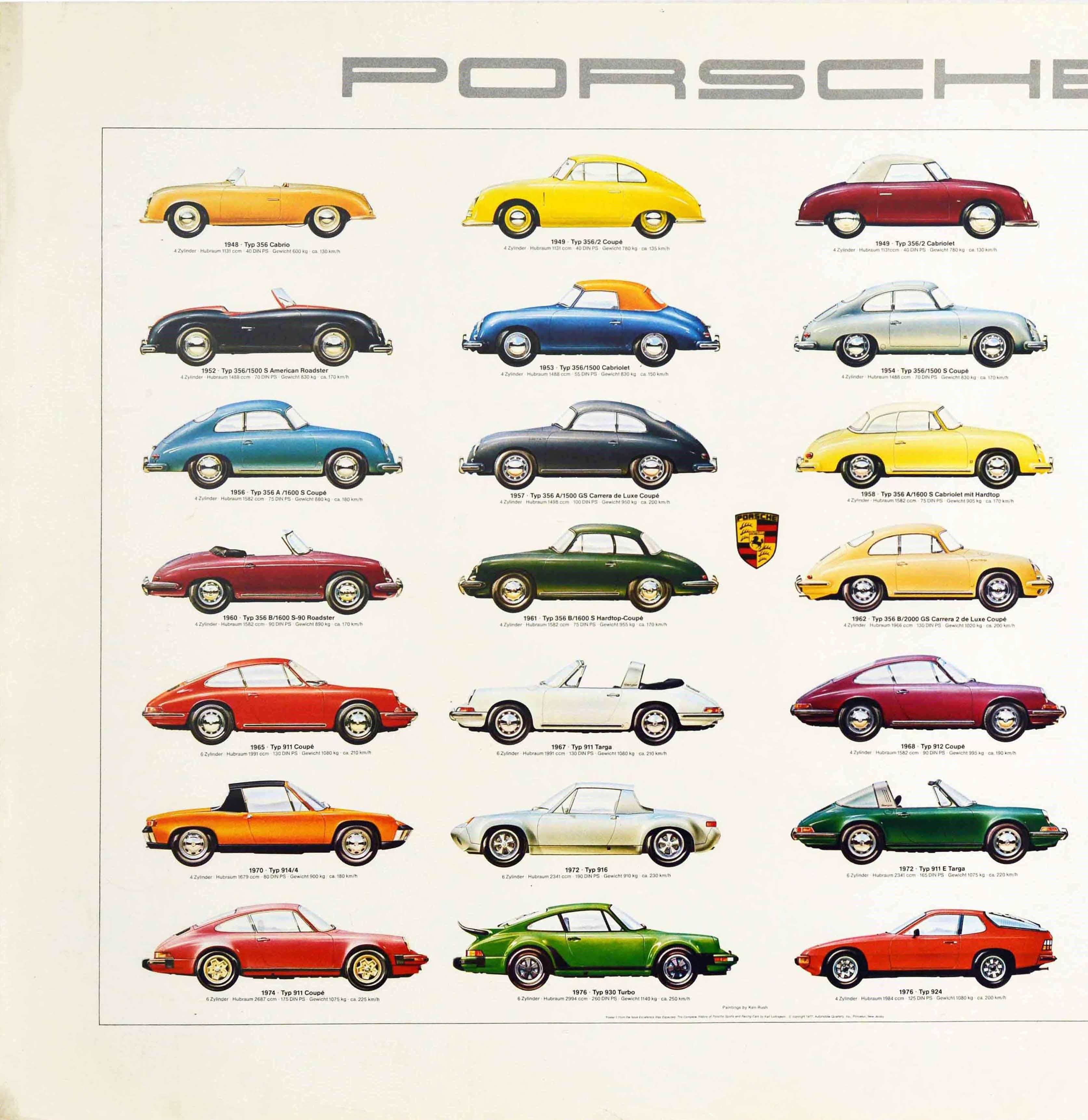 Original vintage advertising poster for Porsche car models depicting various cars including 356, 911, 912, 914, 916, 924, 928 and 930 models produced from the Typ 356 Cabrio released in 1948 to the Typ 928 released in 1977. Great artwork of these