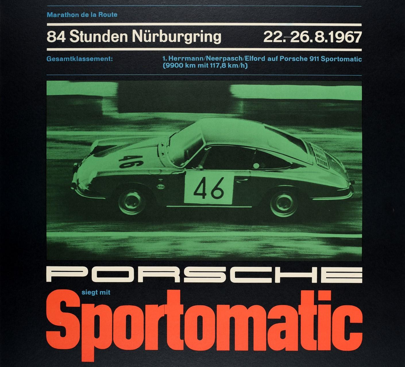 Original Vintage Poster Porsche Sportomatic Marathon Endurance Race Nurburgring In Good Condition For Sale In London, GB