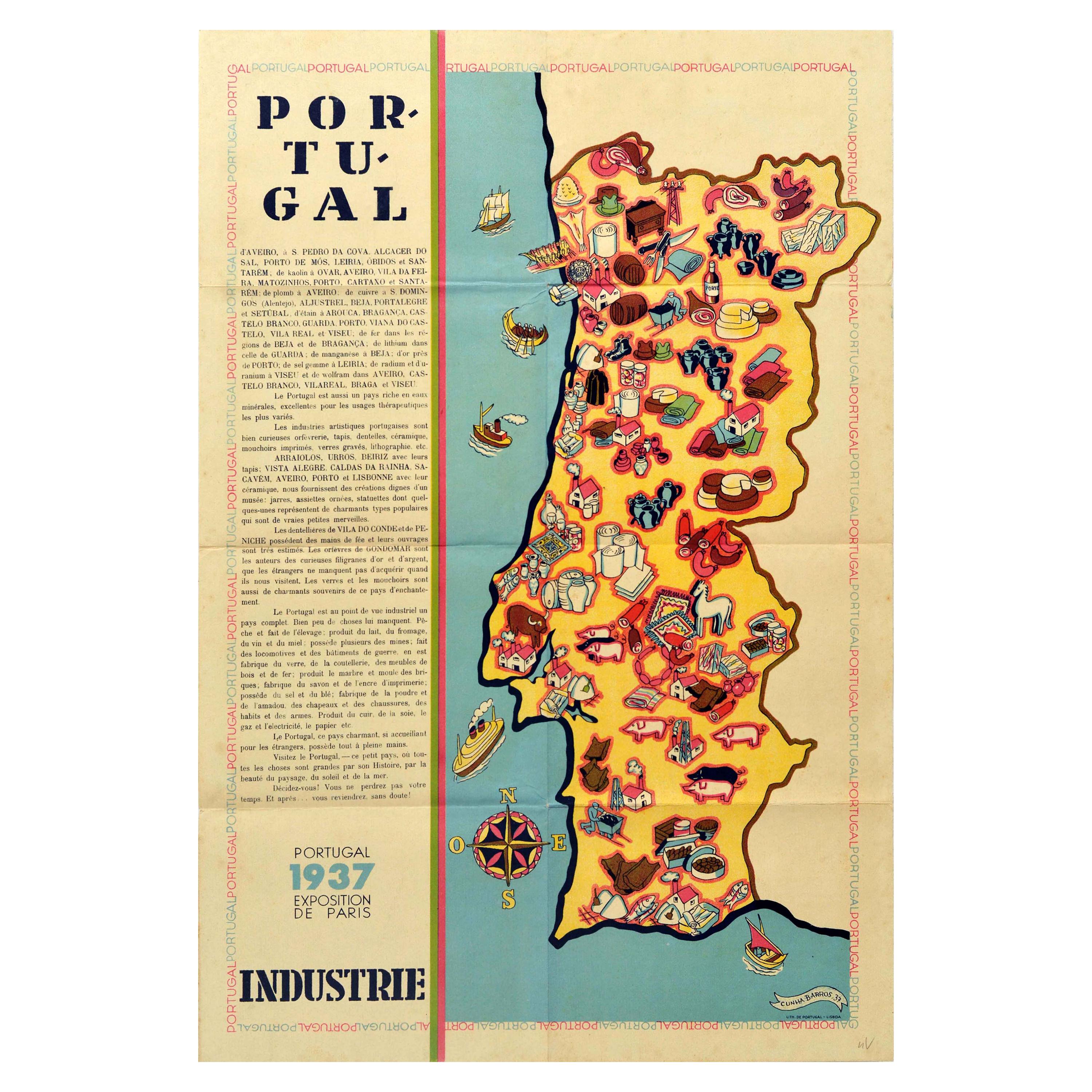 Original Vintage Poster Portugal Industries Map World Fair Paris Art Technology