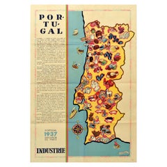 Affiche vintage originale, Carte des industriels du Portugal, Exposition universelle de Paris, Art et technologie