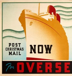 Original Vintage Poster Post Christmas Mail Now For Overseas Art Deco Steam Ship