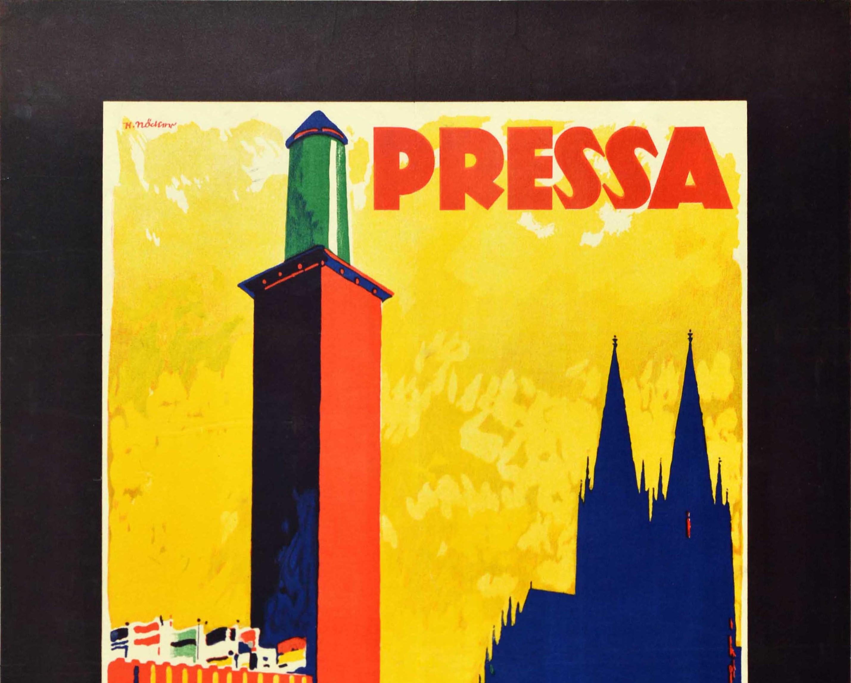 Original vintage advertising poster for Pressa The World Press Exhibition on the Rhine May-October Koln 1928 featuring a stunning design depicting queues of people going to the exhibition, a silhouette of the cathedral rising above the colourful