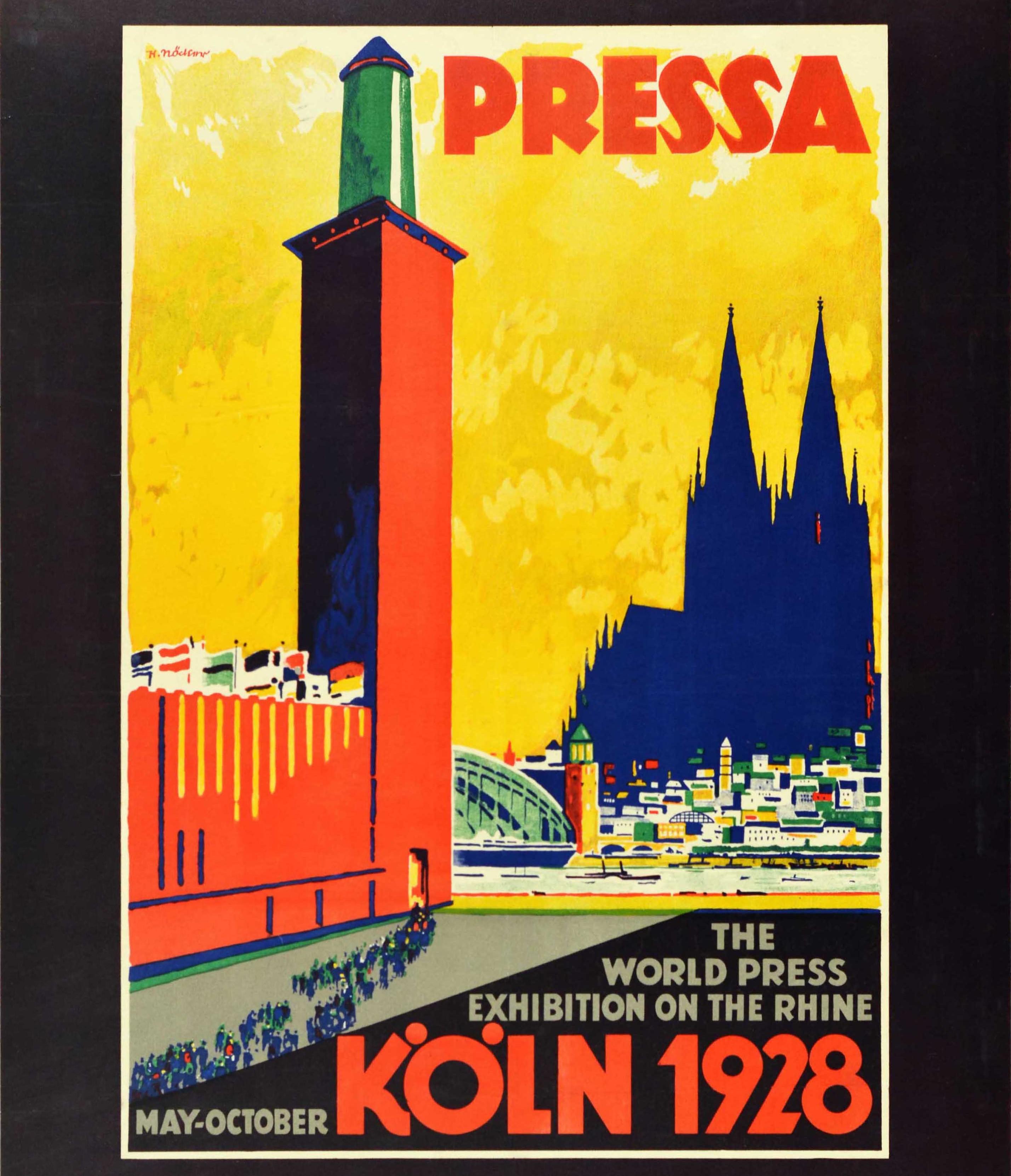 Allemand Affiche rétro originale Pressa Koln 1928 Exposition universelle de presse sur le Rhin de Cologne en vente
