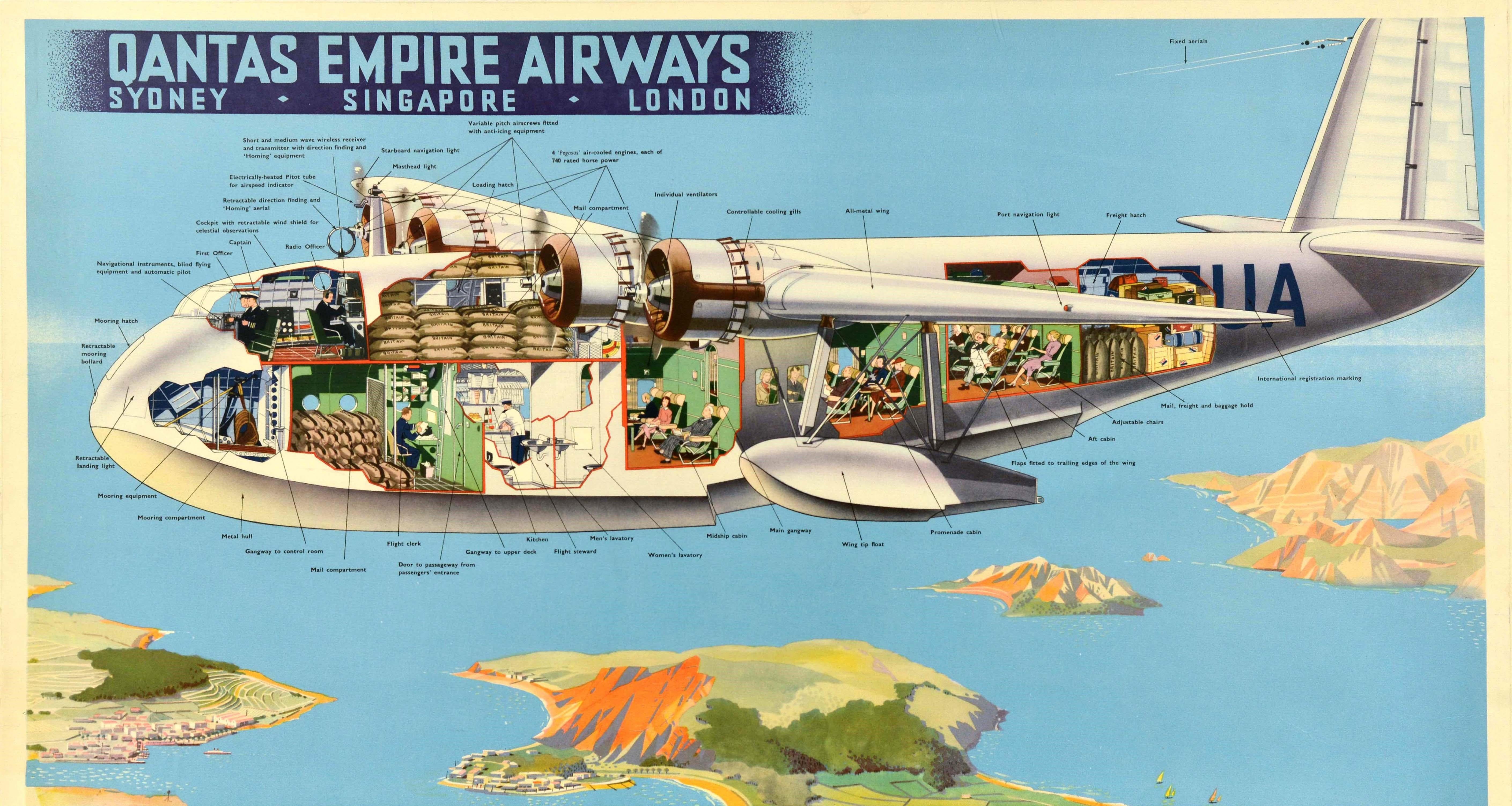 Original vintage travel advertising poster for Qantas Empire Airways Sydney Singapore London An Imperial Flying-Boat Speed with spacious comfort Smoking room Promenade deck 4 engines Imperial Airways Europe Africa India The Far East Australia USA