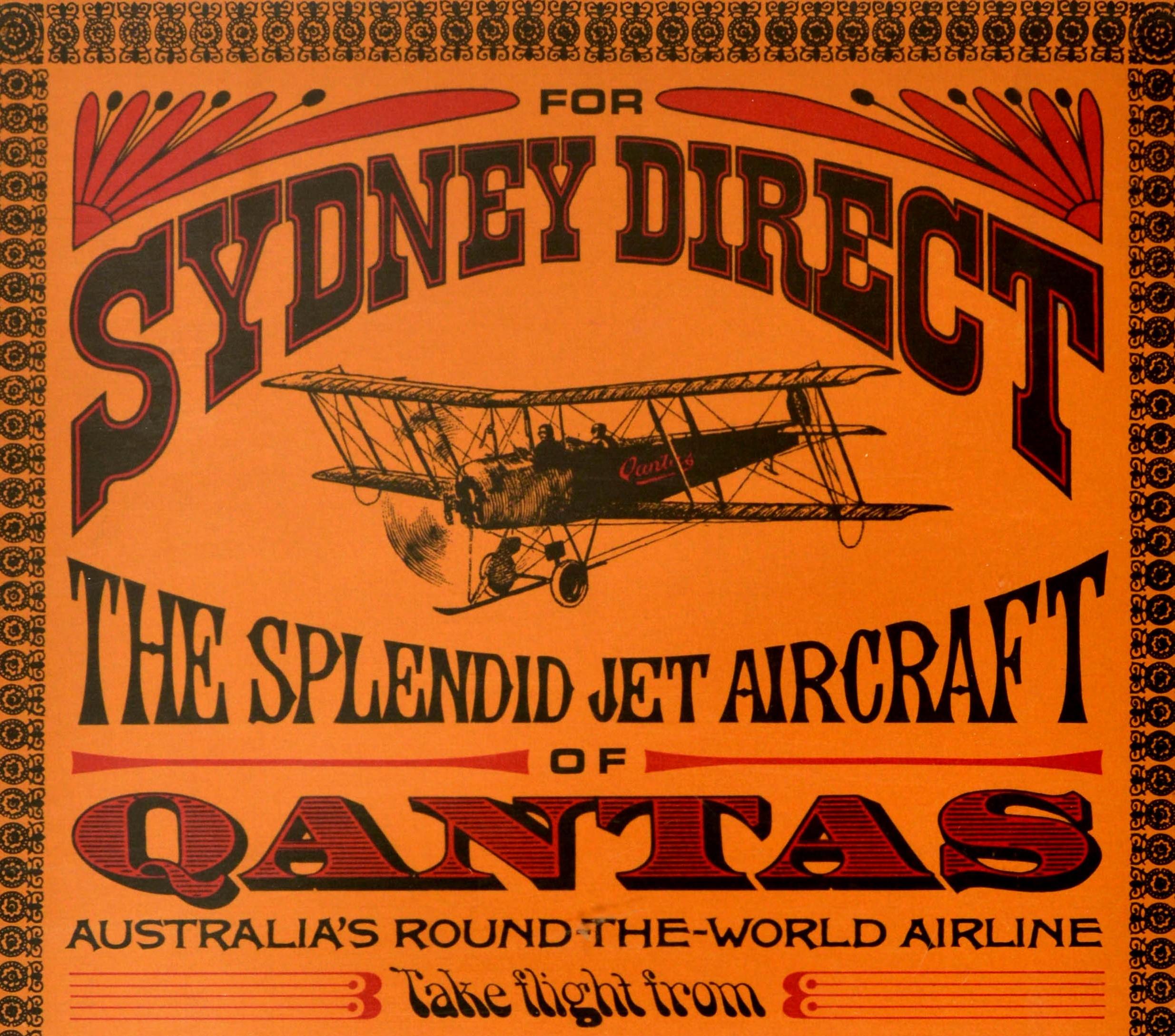 Original vintage travel poster featuring an old antique style advertising design with the bold lettering above and below an image of a bi-plane marked Qantas set within a decorative border - For Sydney Direct the splendid jet aircraft of Qantas