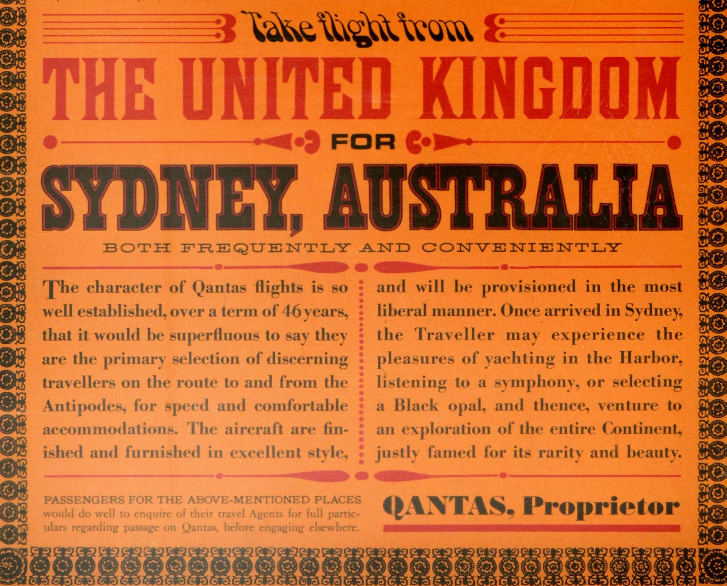 Australian Original Vintage Poster Qantas Sydney Direct Jet Aircraft Round The World Travel