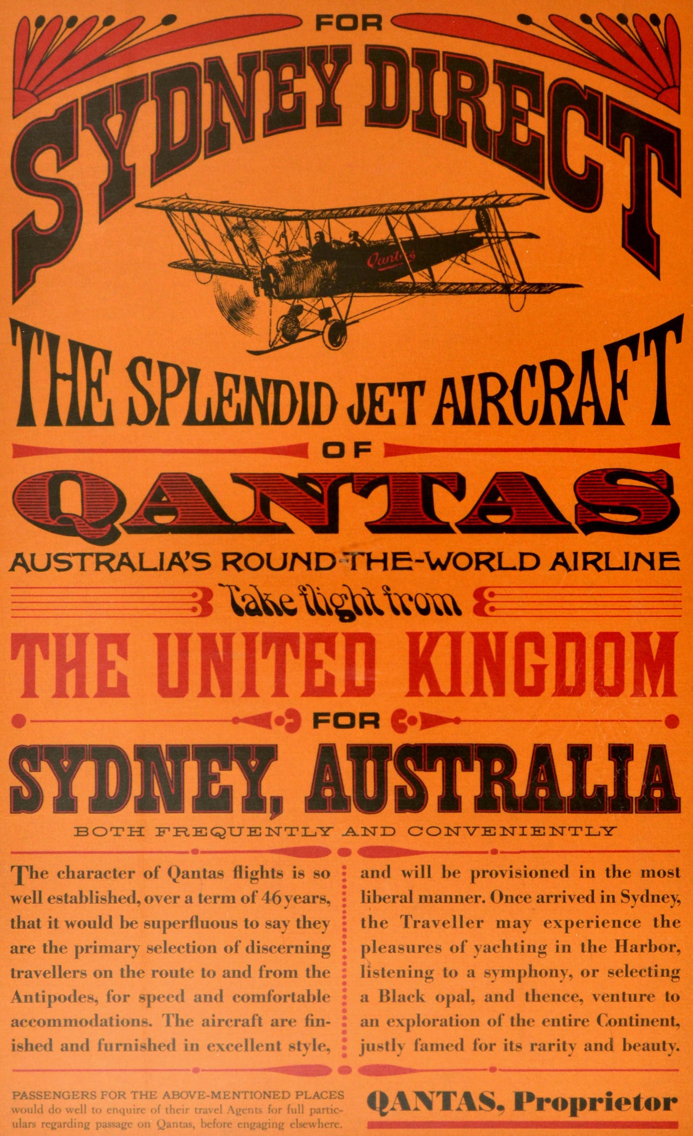 Original Vintage Poster Qantas Sydney Direct Jet Aircraft Round The World Travel In Good Condition In London, GB