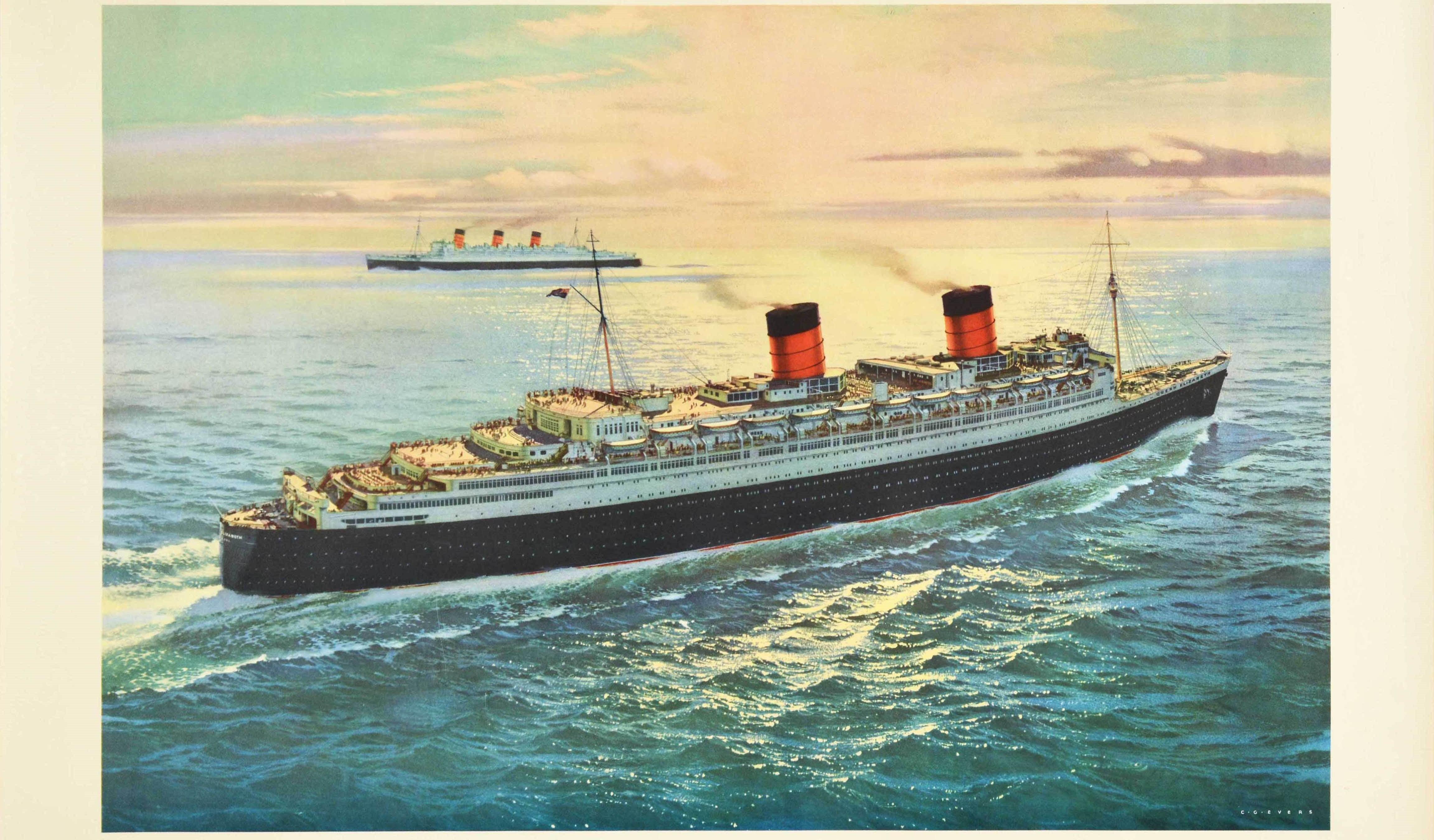 Original vintage cruise travel poster for Cunard Line Queen Elizabeth Queen Mary by far the largest superliners in the world. Great artwork by Carl G. Evers (1970-2000) of the two ocean liners at sea showing the Queen Elizabeth in the foreground