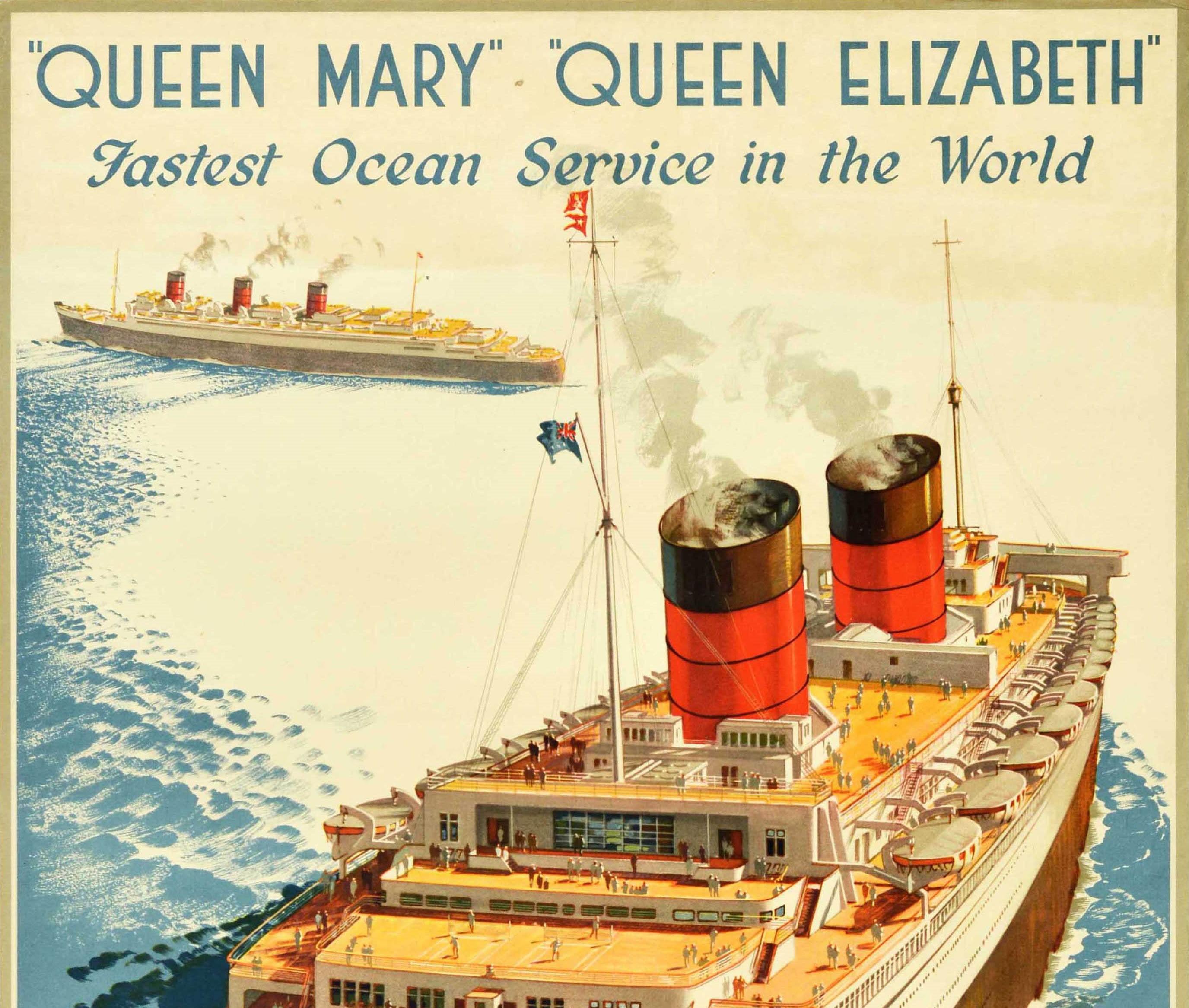 Affiche originale de voyage en croisière - Queen Mary Queen Elizabeth Fastest Ocean Service in the World Cunard White Star - comportant une image colorée des deux paquebots en mer montrant des passagers profitant de leur croisière sur les ponts du