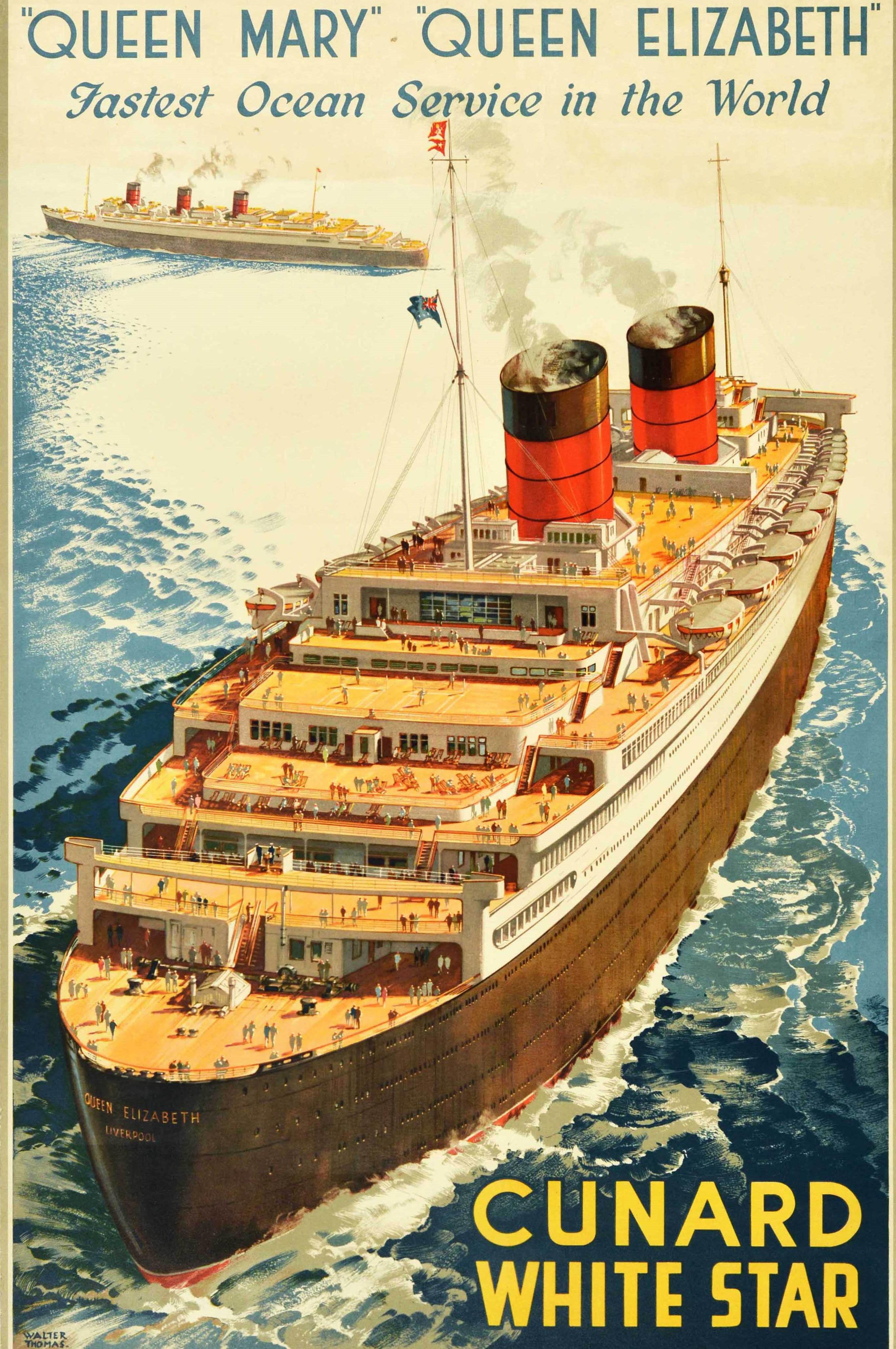 Original Vintage Poster Queen Mary Queen Elizabeth Cunard White Star Ocean Liner In Good Condition For Sale In London, GB