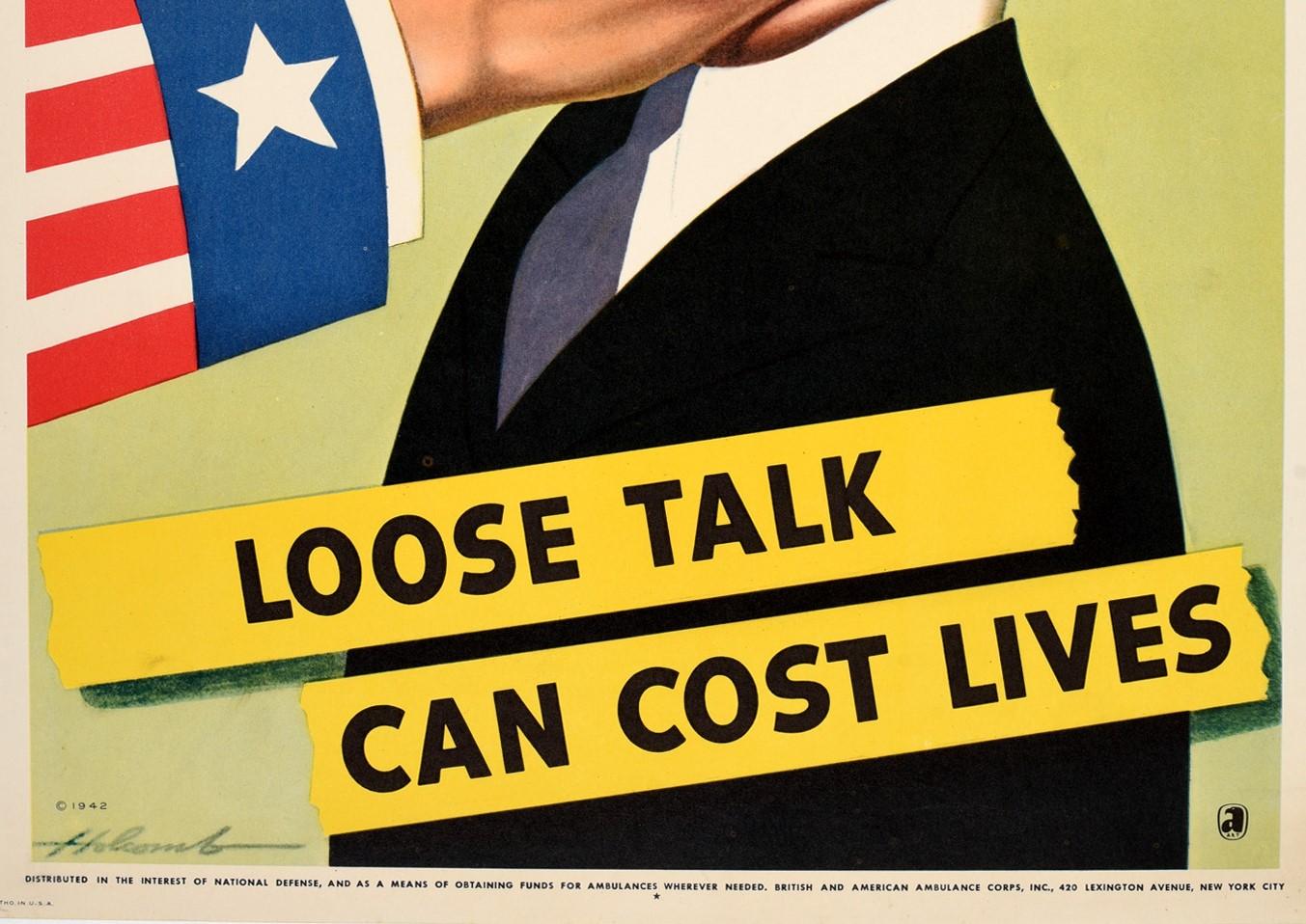 American Original Vintage Poster Quiet Loose Talk Can Cost Lives WWII War Defense US Flag