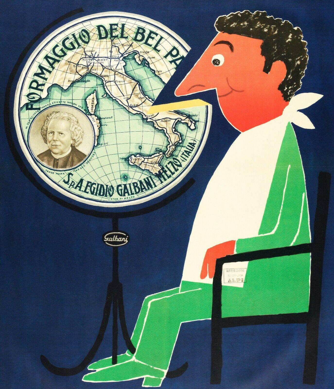 Original Vintage Poster-R Savignac-Bel Paese Cheese-Italien-Galbani, 1966

A wheel of cheese resembling a globe is facing a man sitting and ready to taste it. The nose of the man with the colors of Italy (green - white - red) represents the shape of