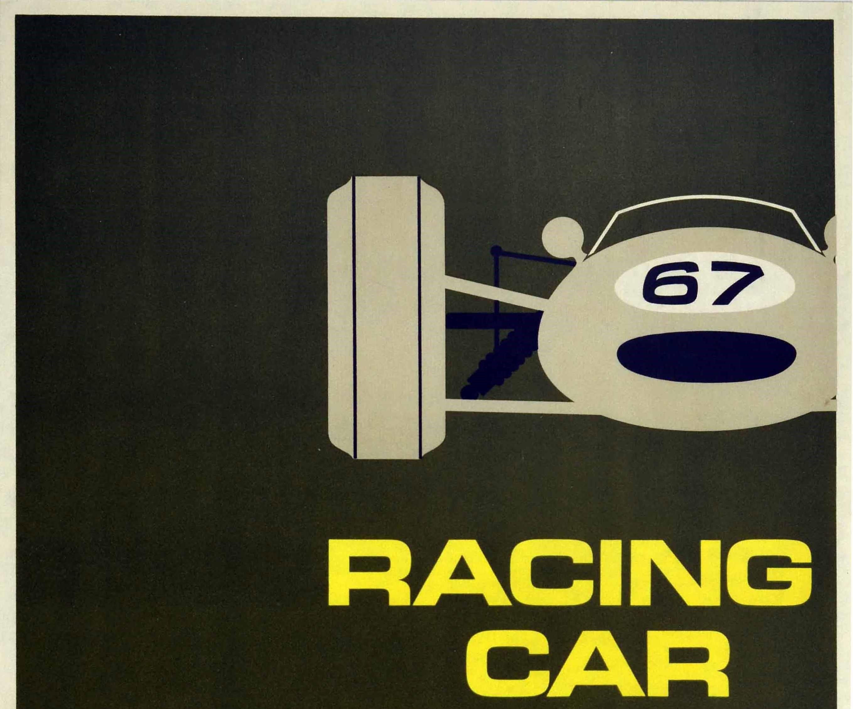 Original vintage event poster for the Racing Car Show Olympia National Hall 4-14 January 1967 featuring a mid-century modern design of a sports car numbered 67 on a dark background with the bold lettering and logos below. Presented by the British