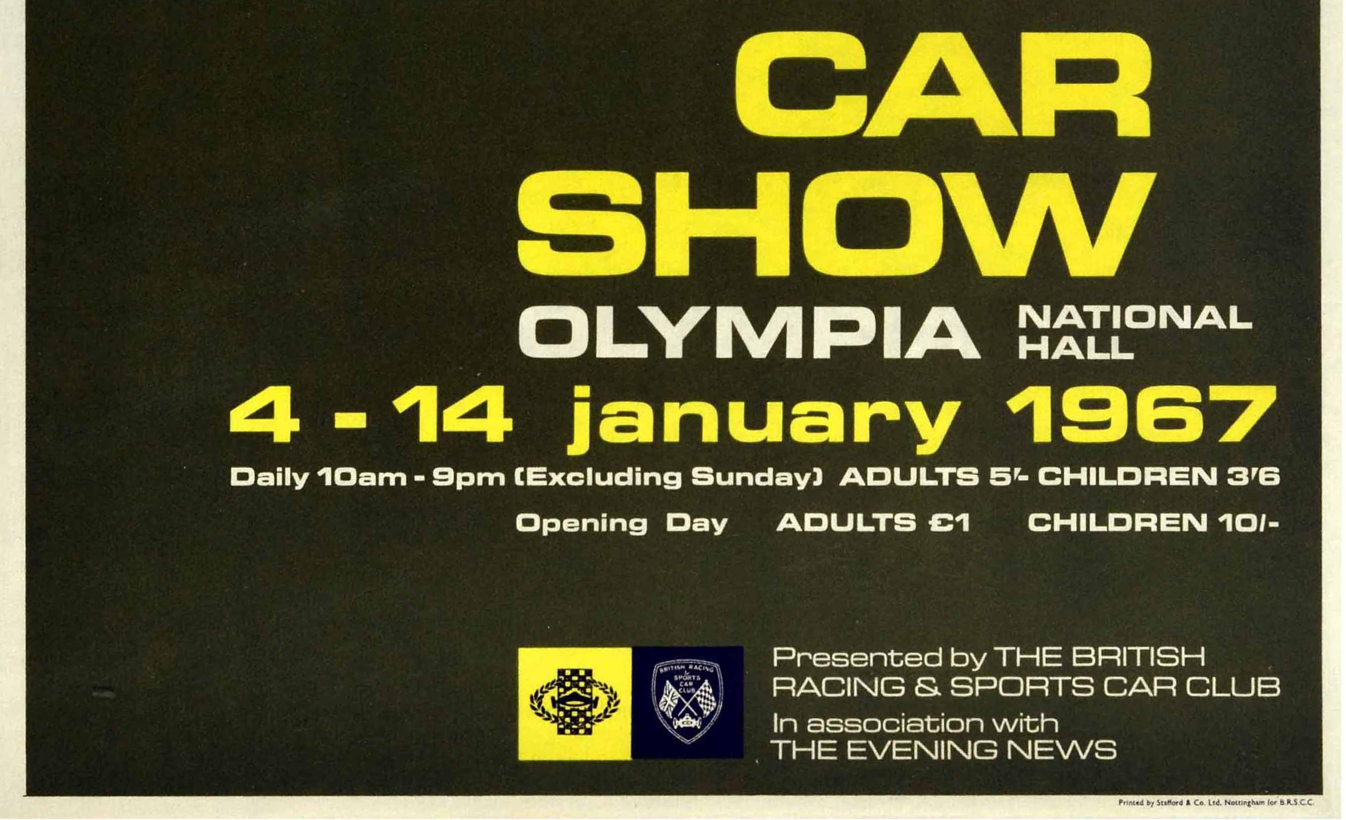 British Original Vintage Poster Racing Car Show Olympia Motor Sport Mid Century Design For Sale