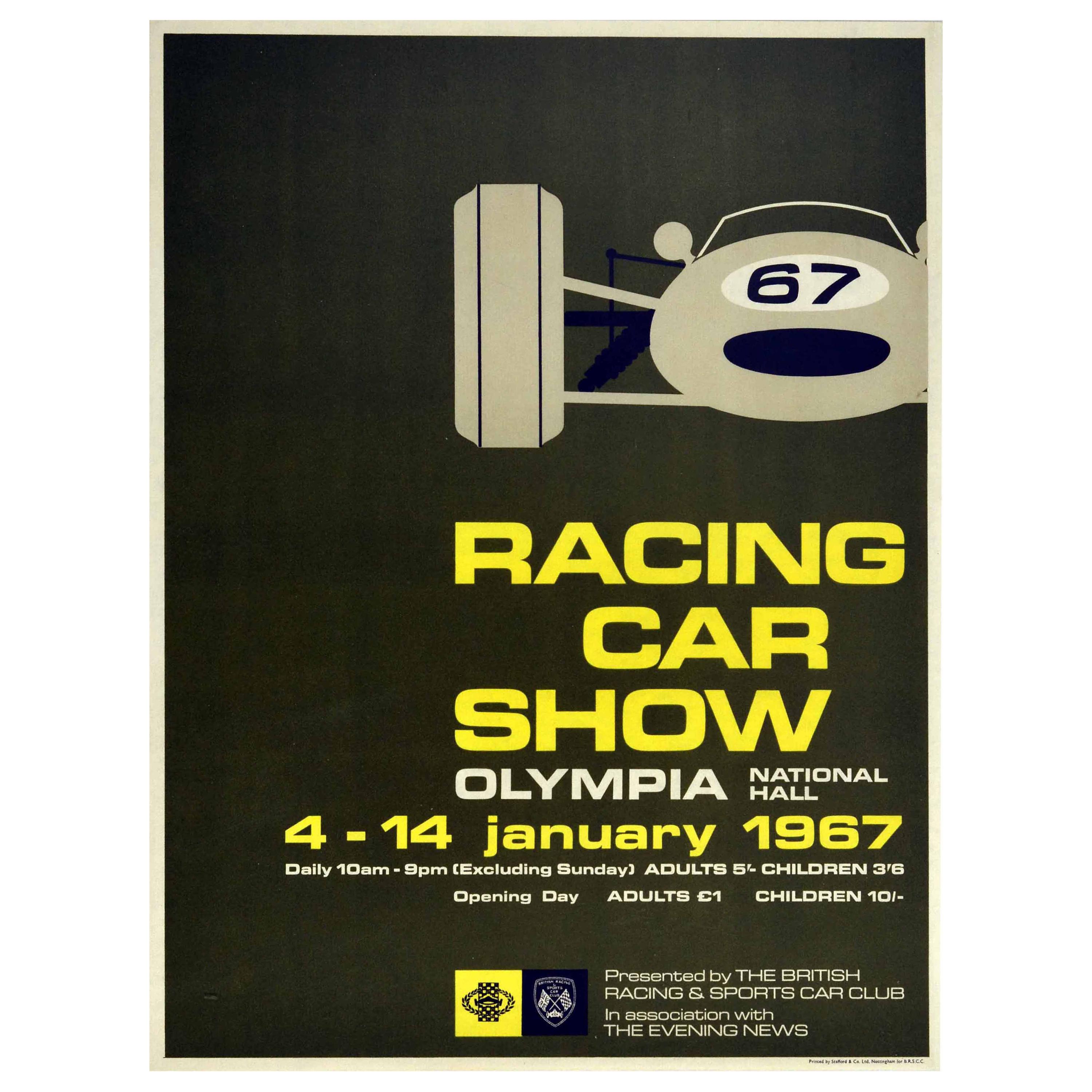 Original Vintage Poster Racing Car Show Olympia Motor Sport Mid Century Design For Sale