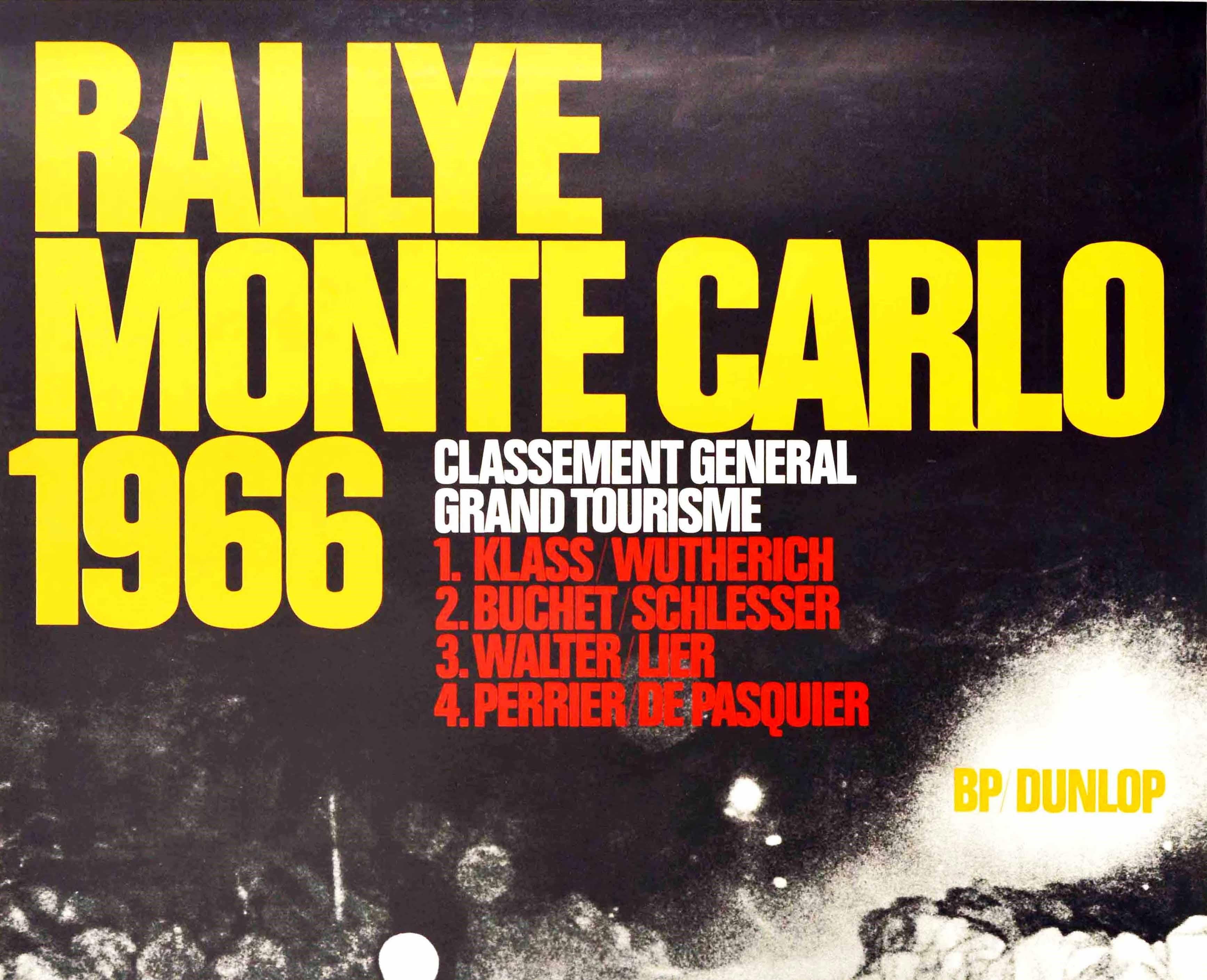 Original vintage motorsport poster for the victories by Porsche at the Rallye Monte Carlo 1966 featuring a black and white photo of a Porsche rally car racing on a road with the bold yellow title text and list of winning drivers in white and red