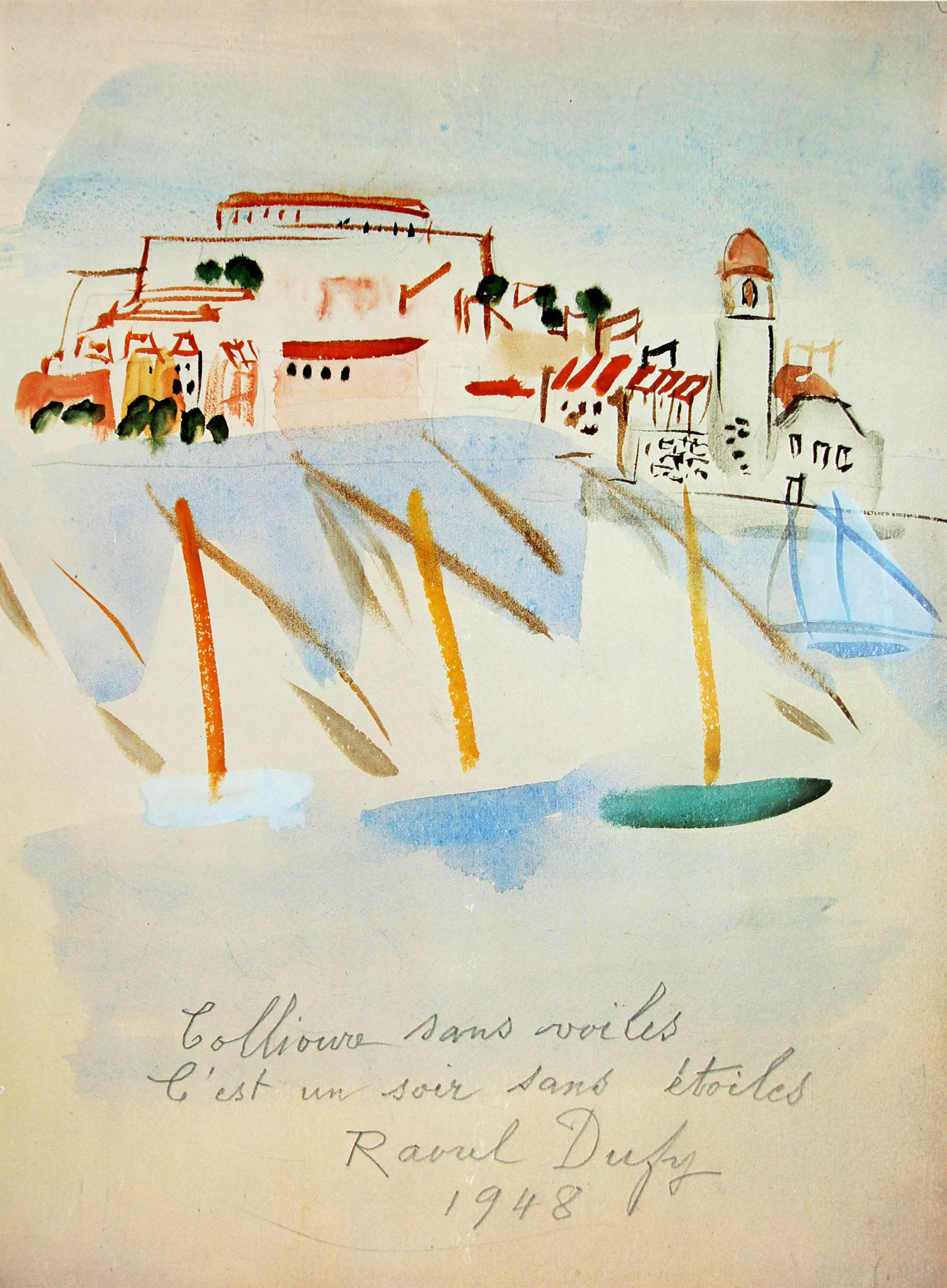 Original Vintage-Plakat mit einer malerischen Aquarellansicht des französischen fauvistischen Malers Raoul Dufy (1877-1953), die farbenfrohe Segelboote auf dem Wasser im Hafen mit den Gebäuden der Küstenstadt und dem Kirchturm von Notre Dame des