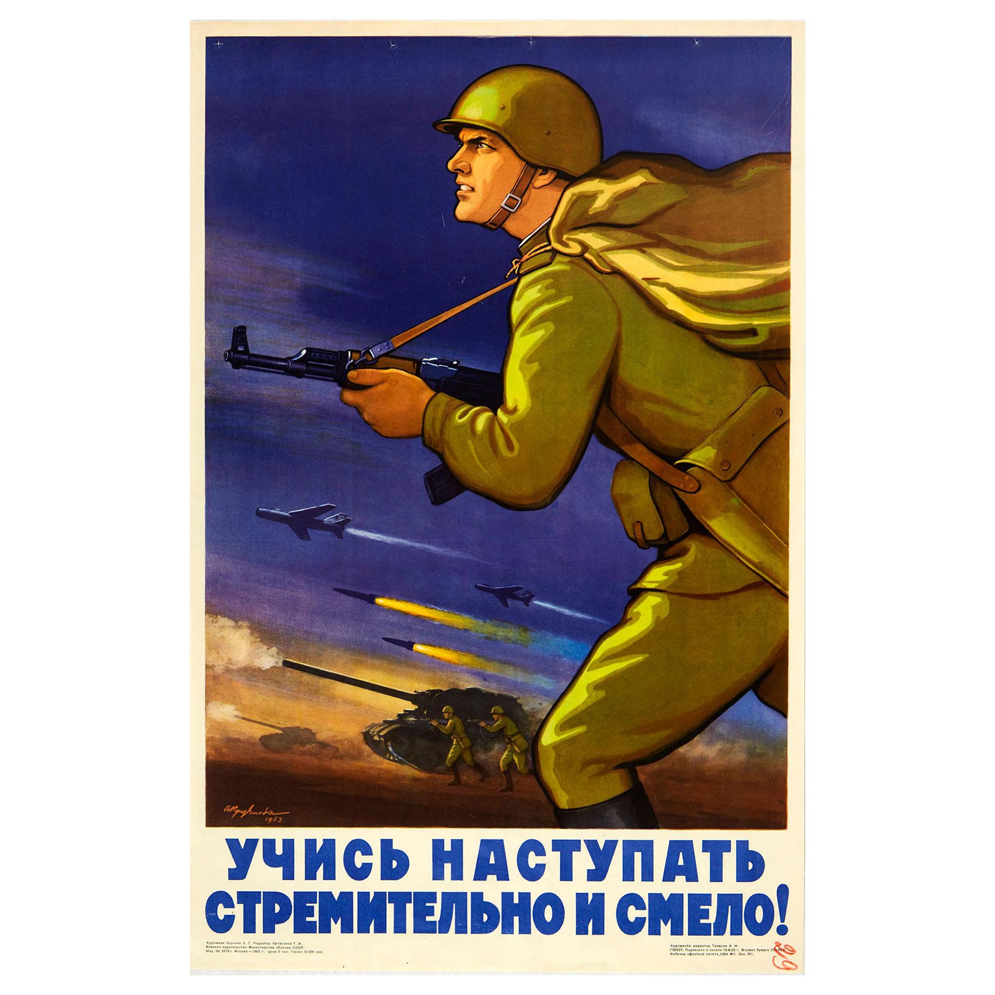 Original Vintage Poster Rote Armee Kalter Krieg Sowjetische Propaganda Lernen Sie vorwärts zu kommen
