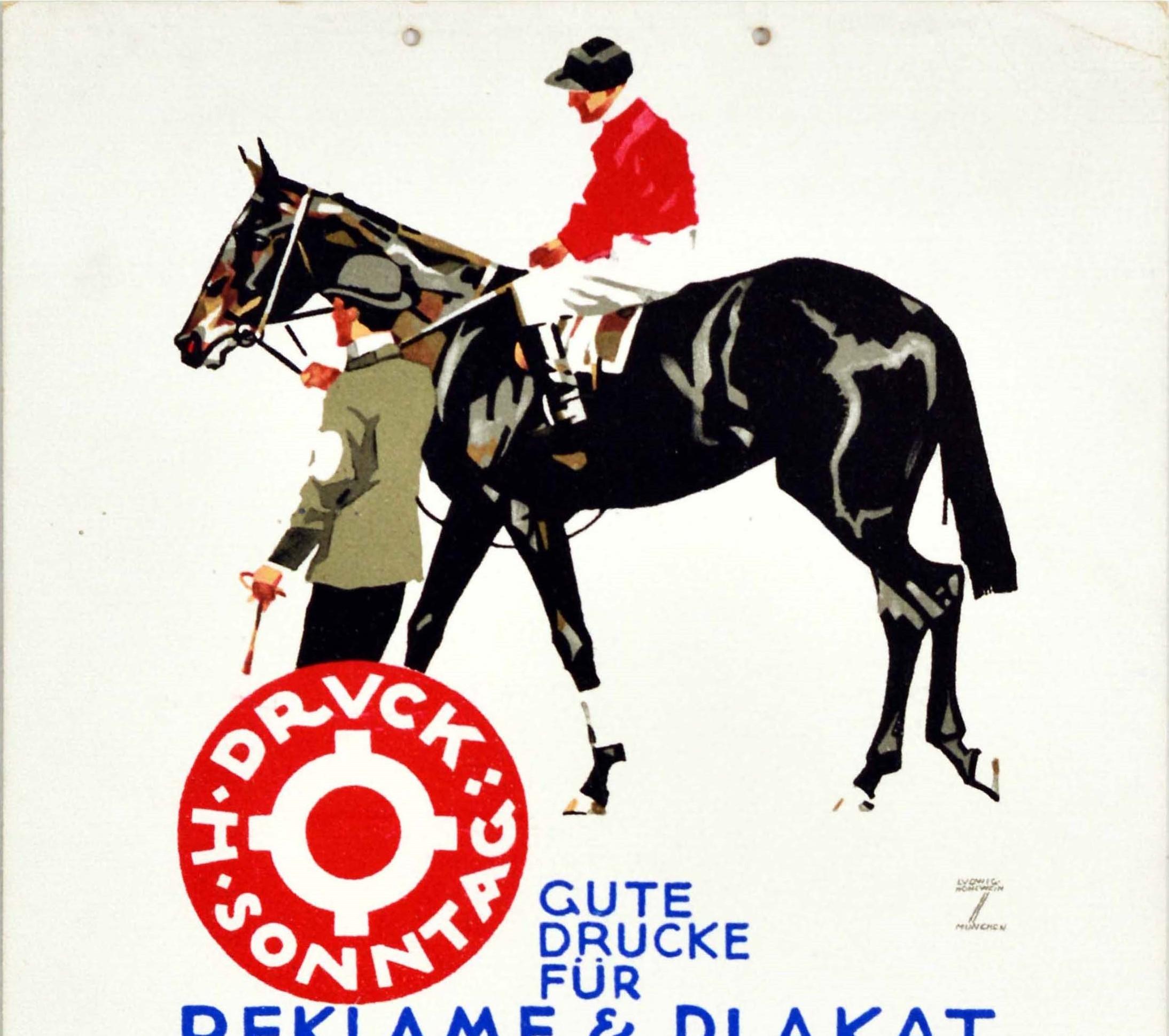 Original vintage advertising poster featuring artwork by the notable German poster artist Ludwig Hohlwein (1874-1949) for H. Sonntag Druck printing company depicting a rider dressed in smart red and white jockey outfit being led on a black horse by