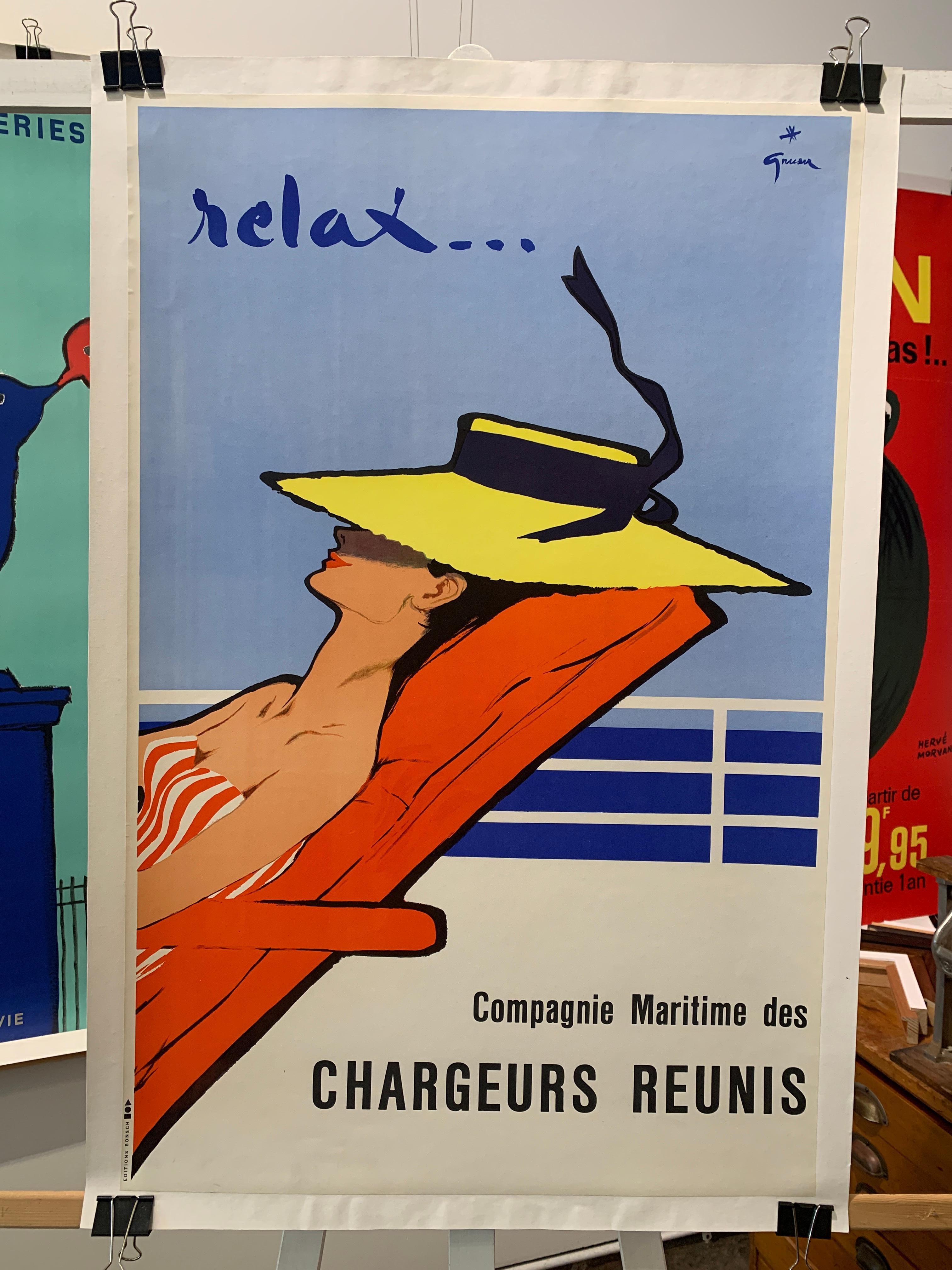 Original Vintage Poster, 'Relax' 1964 by Rene Gruau

The fifties were the last flowering of the golden age of the ocean liner, which would soon be usurped by the jet plane. During the decade, transatlantic crossings were joined by a strong increase